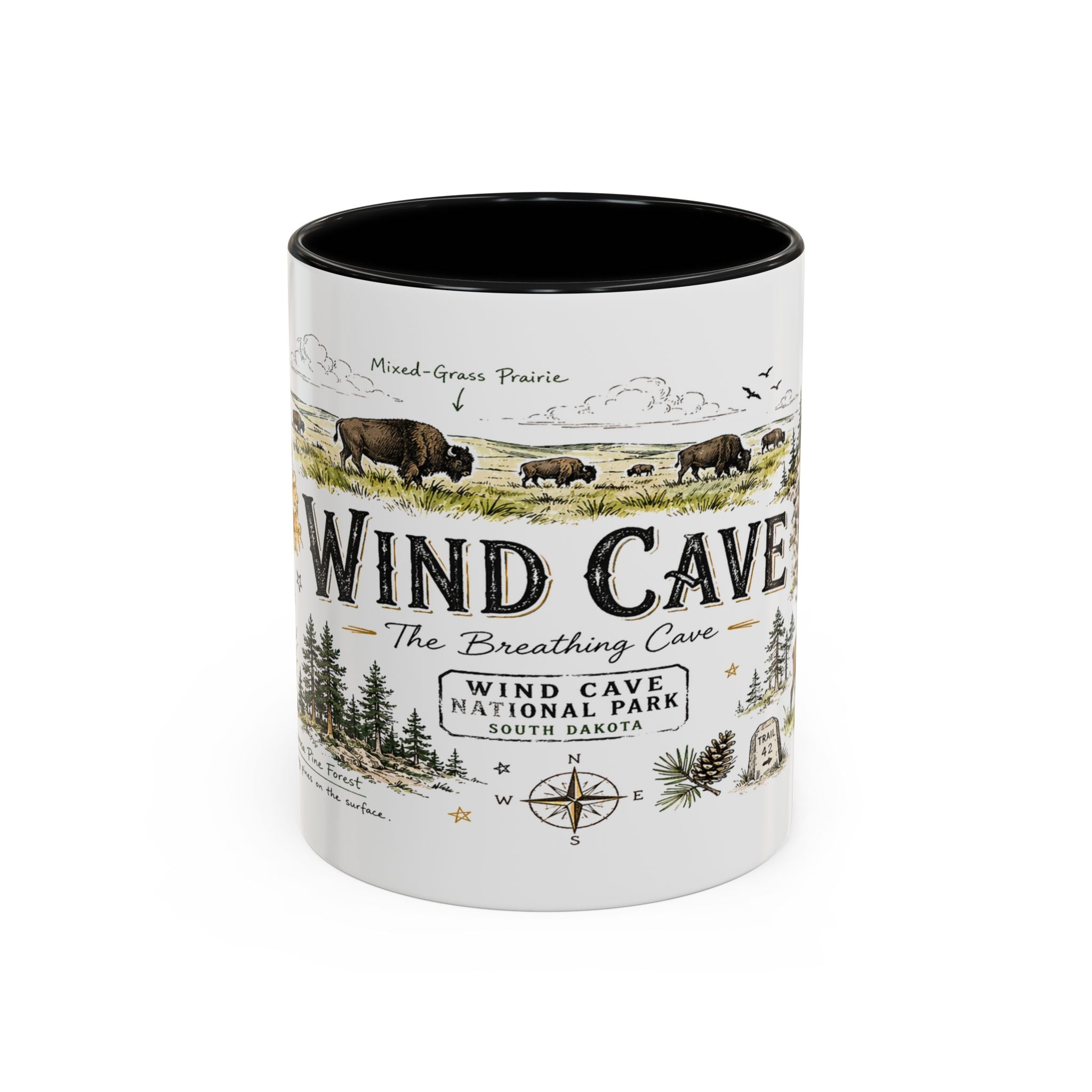 Wind Cave National Park Coffee Mug | South Dakota Cave Bison Prairie Gift | Accent Color Ceramic 11oz 15oz