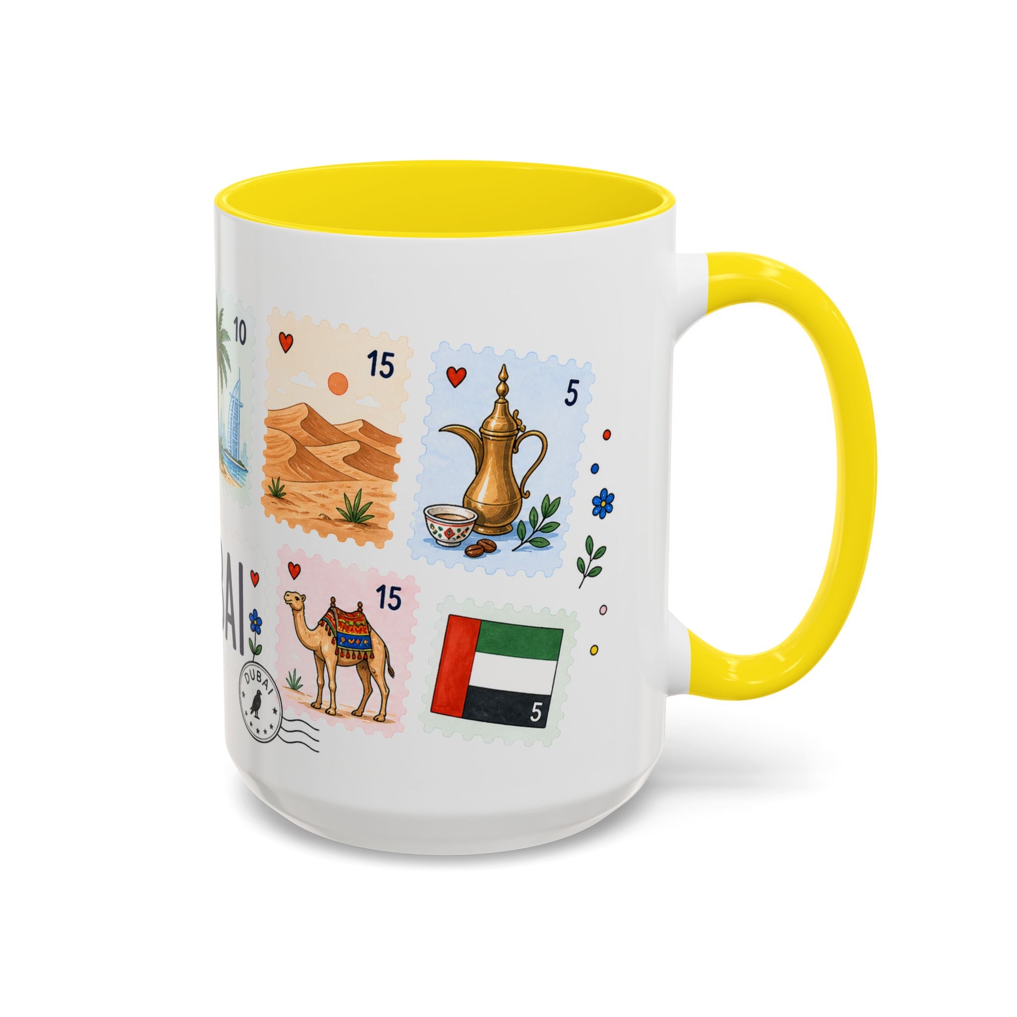 Dubai Coffee Mug | Postage Stamp Collage Mug | Travel Souvenir Accent Cup 11oz 15oz