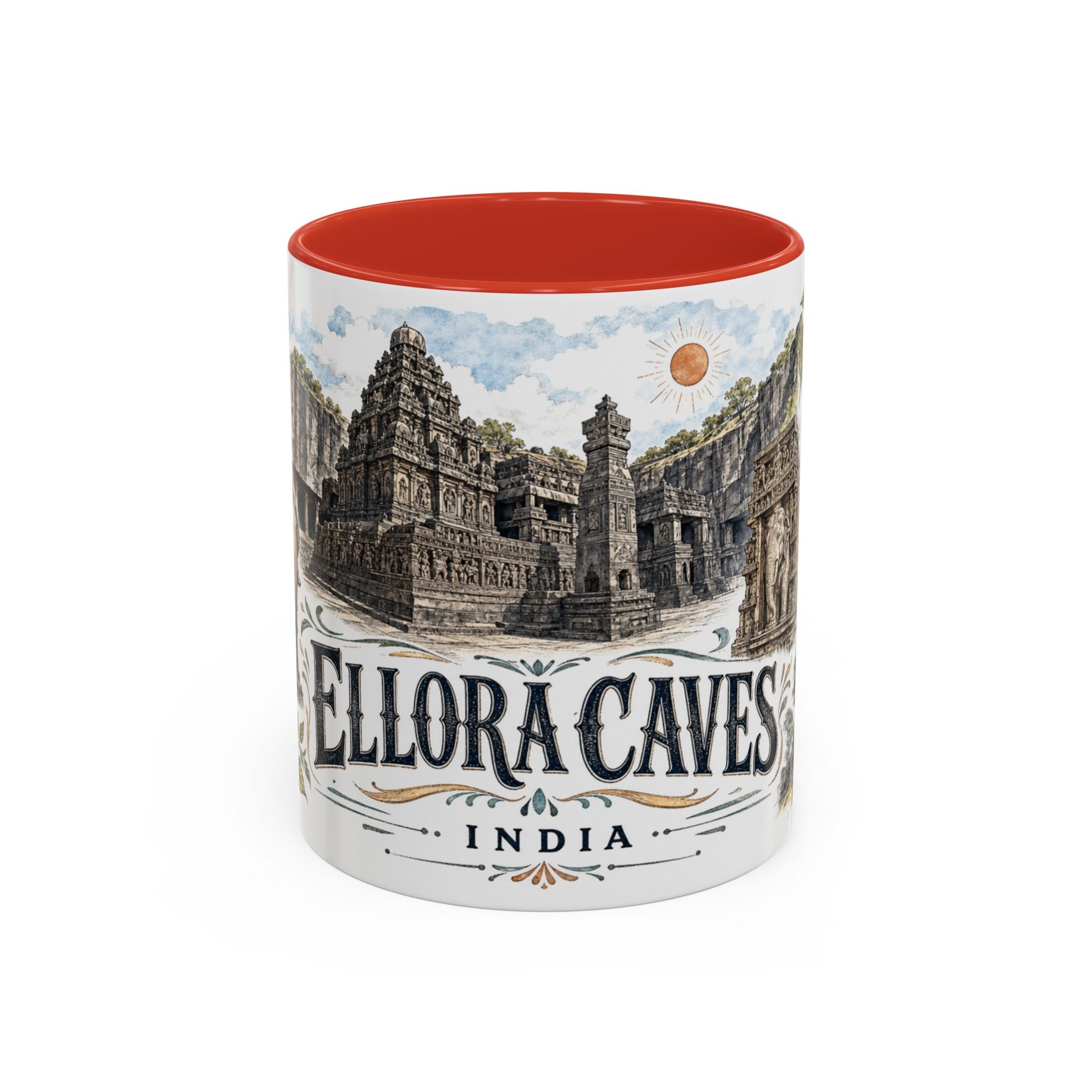 Ellora Caves Mug, India Travel Souvenir, Bucket List Gift, Accent Ceramic Coffee Mug 11oz 15oz