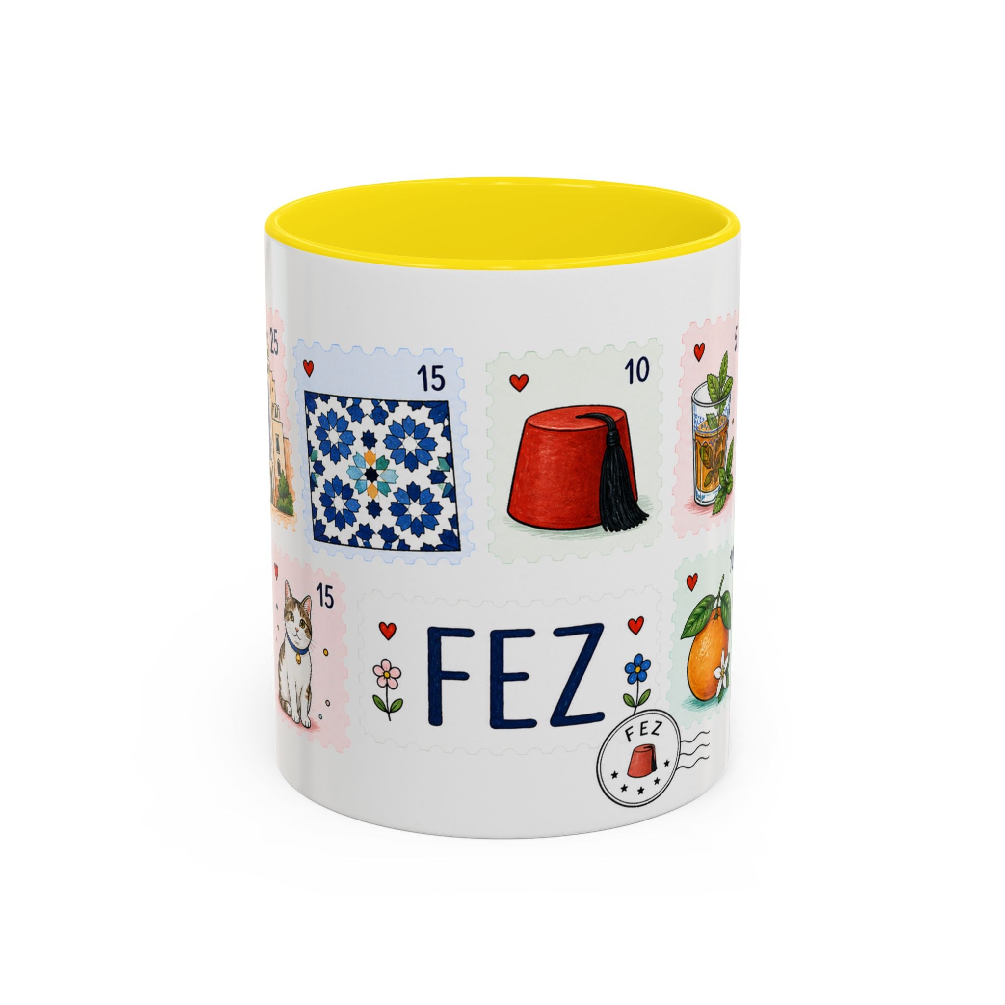 Fez Coffee Mug | Postage Stamp Collage Mug | Travel Souvenir Accent Cup 11oz 15oz