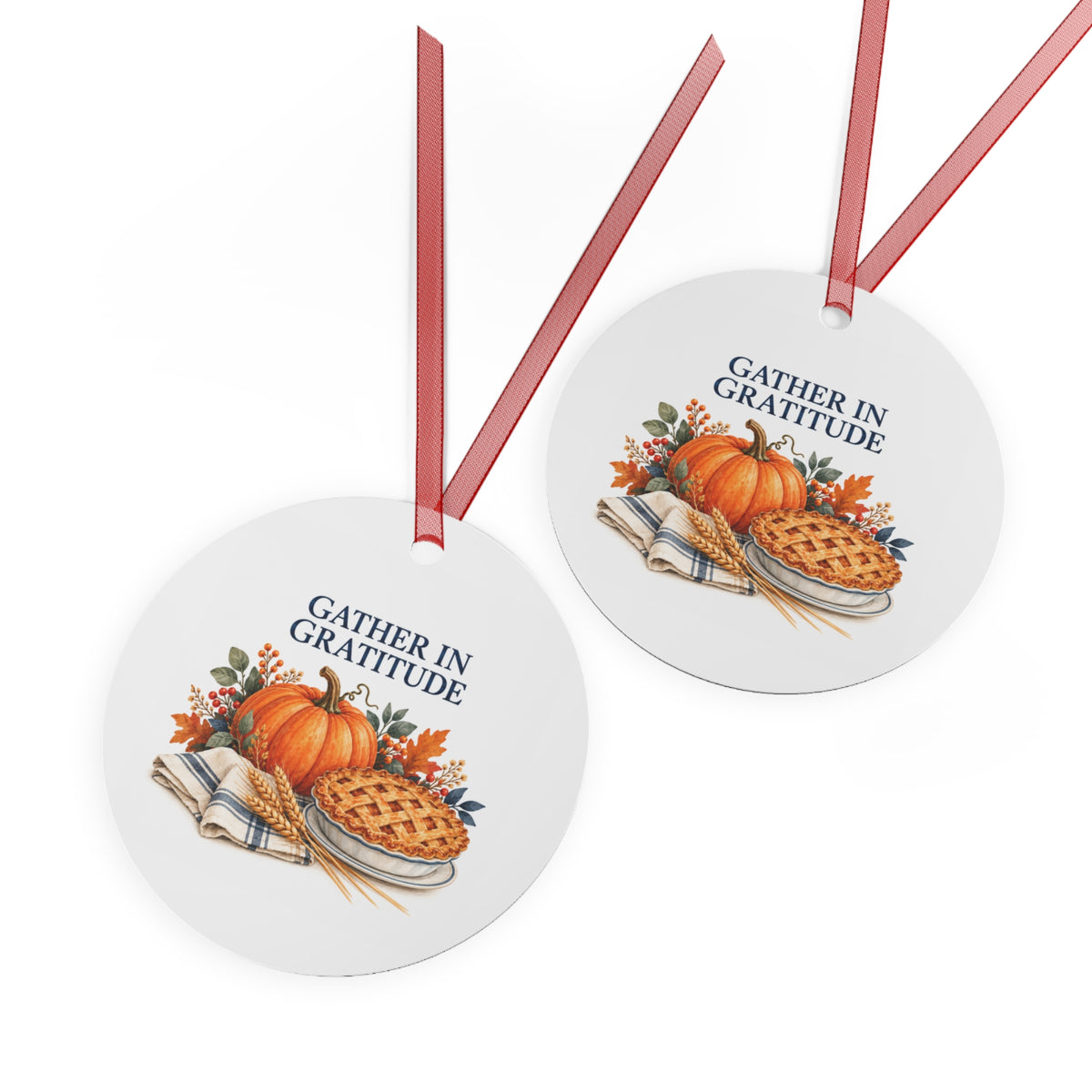 Front and back views of the double-sided round ornament with Thanksgiving artwork.