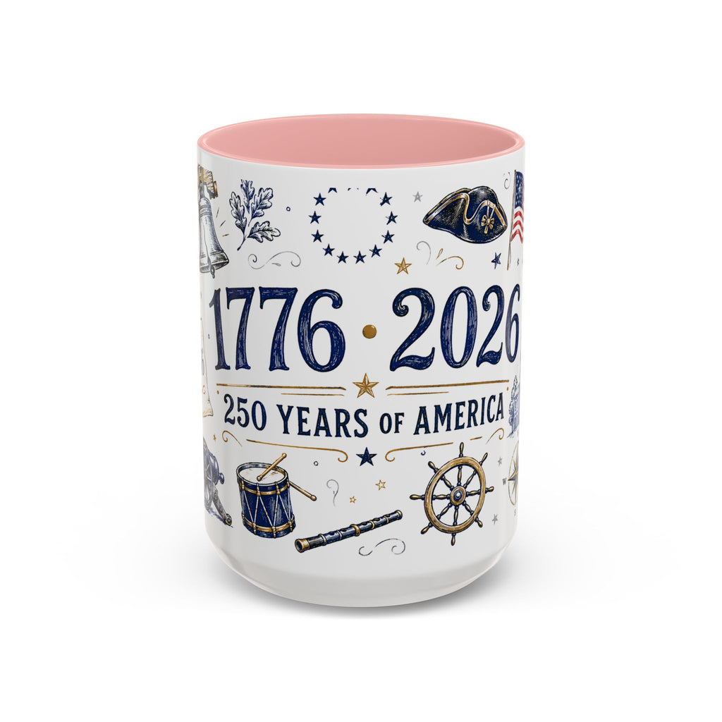 America 250 Coffee Mug | 1776-2026 Patriotic 4th of July Gift | Accent Color Ceramic 11oz 15oz
