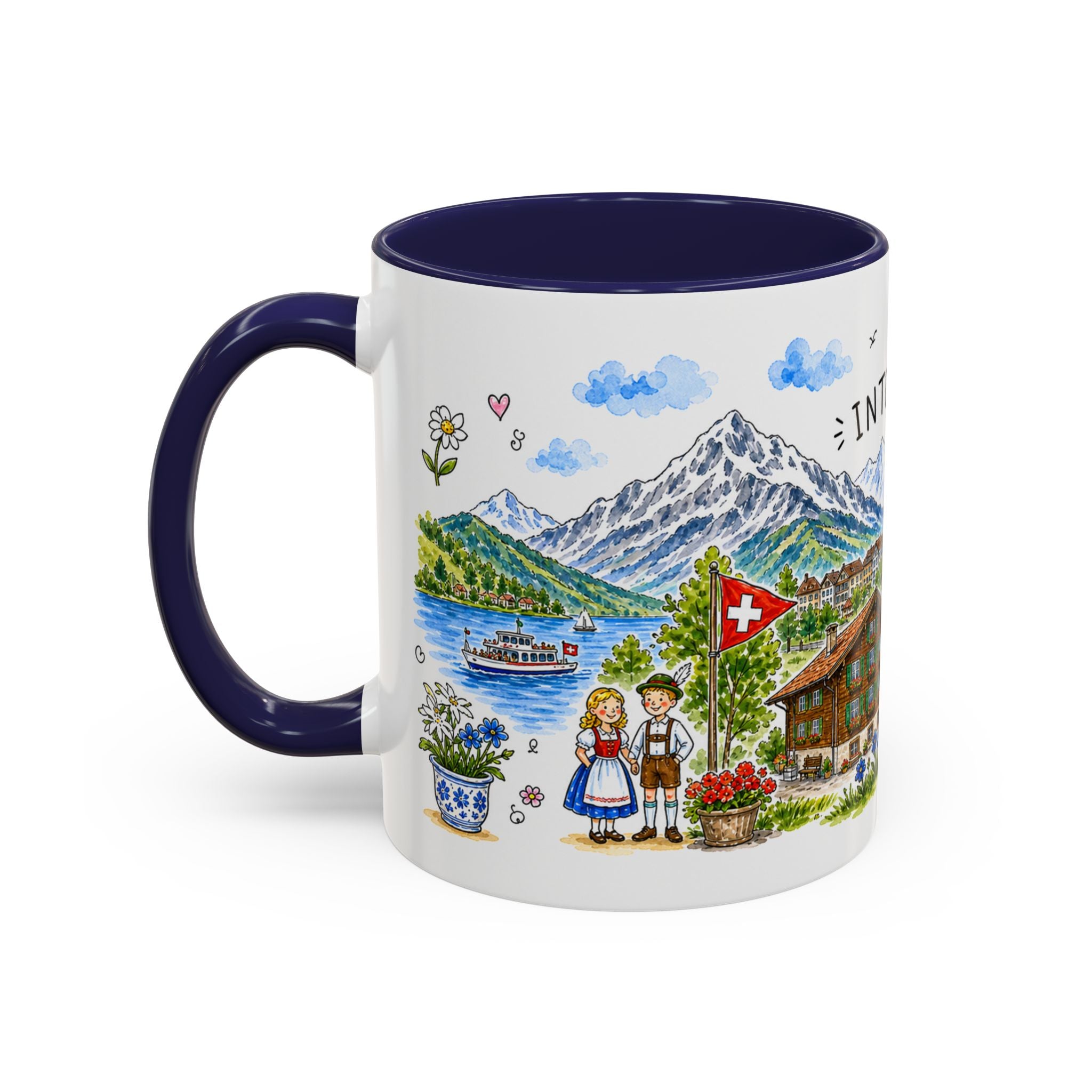 Interlaken Illustrated Travel Mug | Switzerland Souvenir Accent Coffee Mug | 11oz 15oz Ceramic Cup