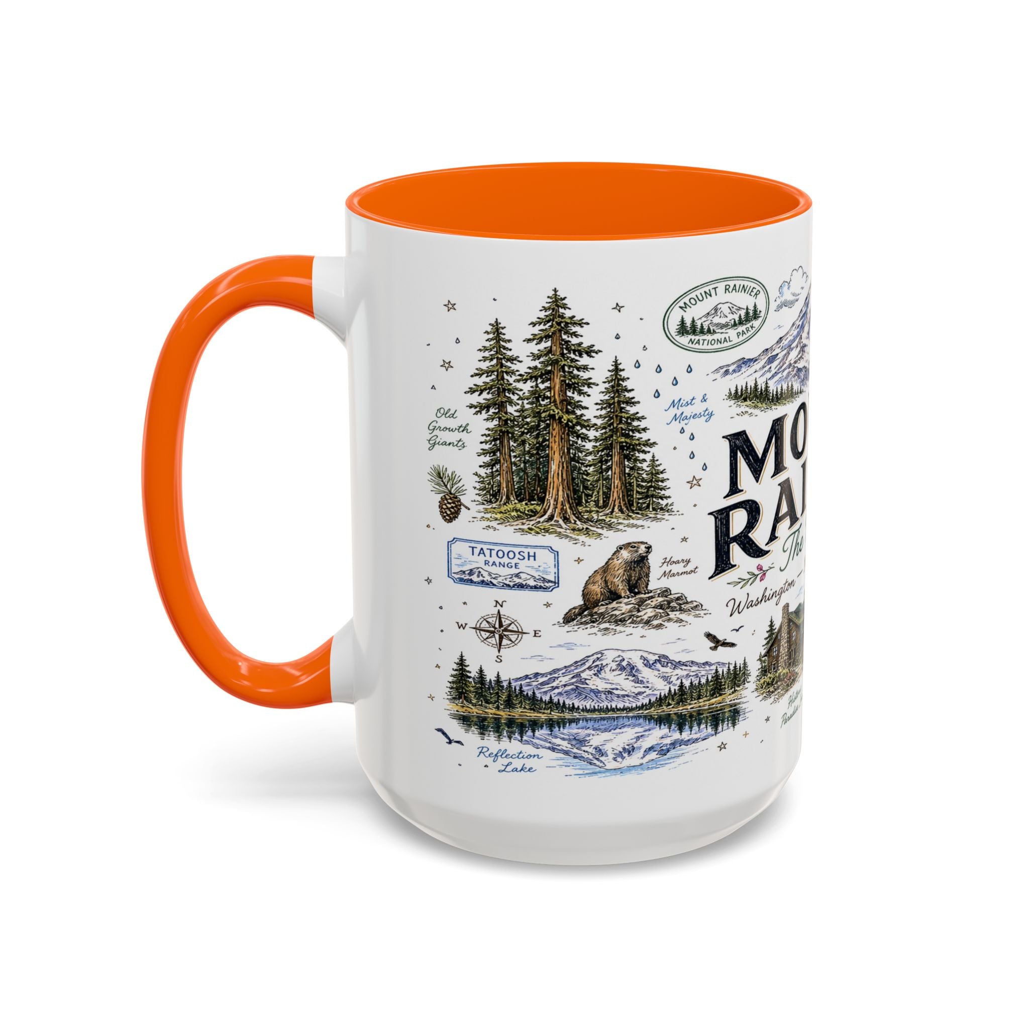 Mount Rainier Coffee Mug | National Park Hiking Washington Gift | Accent Color Ceramic 11oz 15oz