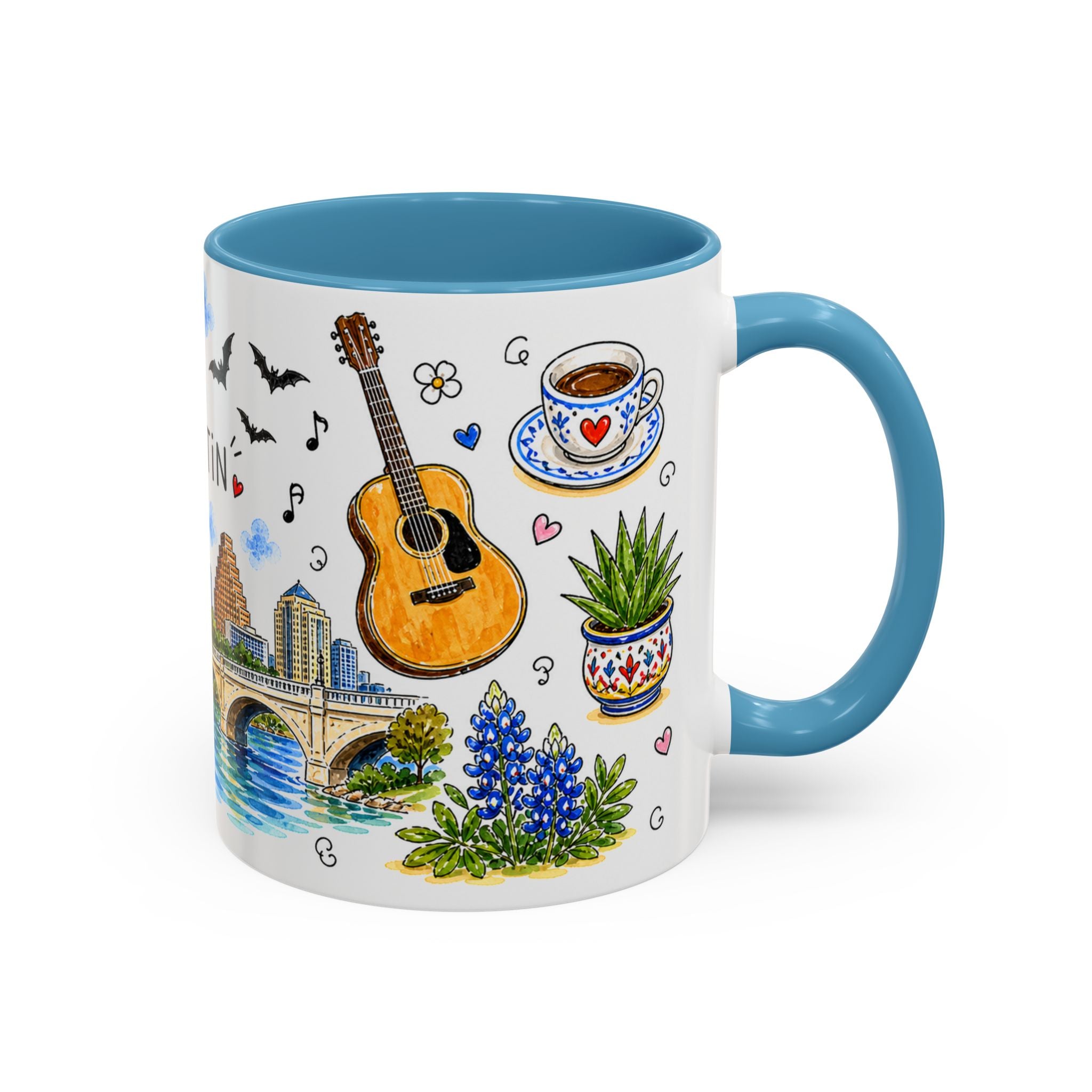 Austin Illustrated Travel Mug | City Souvenir Accent Coffee Mug | 11oz 15oz Ceramic Cup
