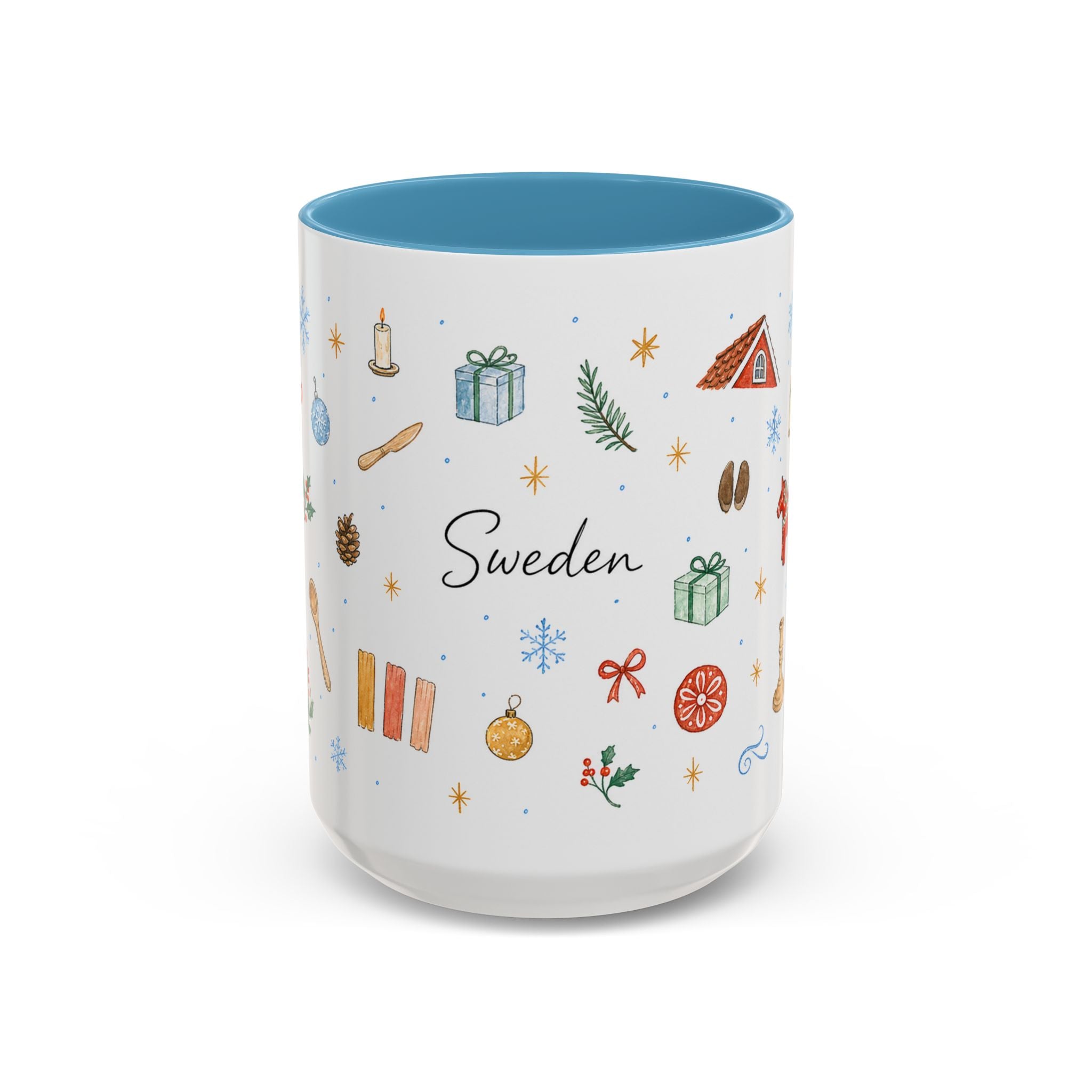 Sweden Christmas Mug | Watercolor Travel Souvenir | Holiday Gift | Accent Ceramic Coffee Cup 11oz 15oz