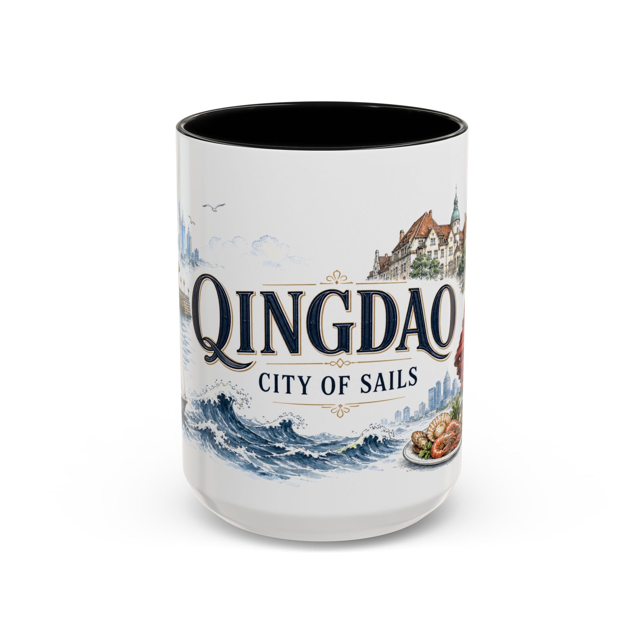 Qingdao Coffee Mug | China Travel Souvenir | Vintage Illustrated City Gift | 11 oz 15 oz Accent Mug