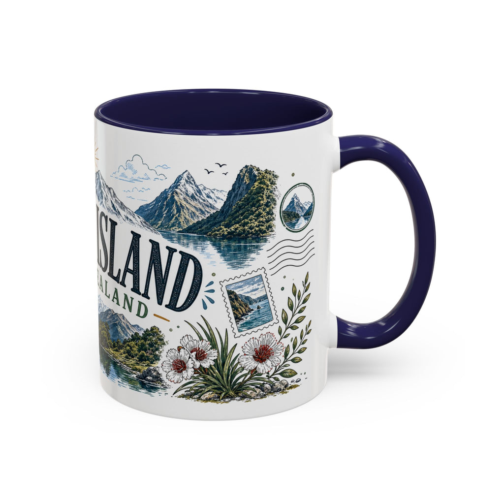 New Zealand South Island Coffee Mug | Travel Destination Souvenir Gift | Accent Color Ceramic 11oz 15oz