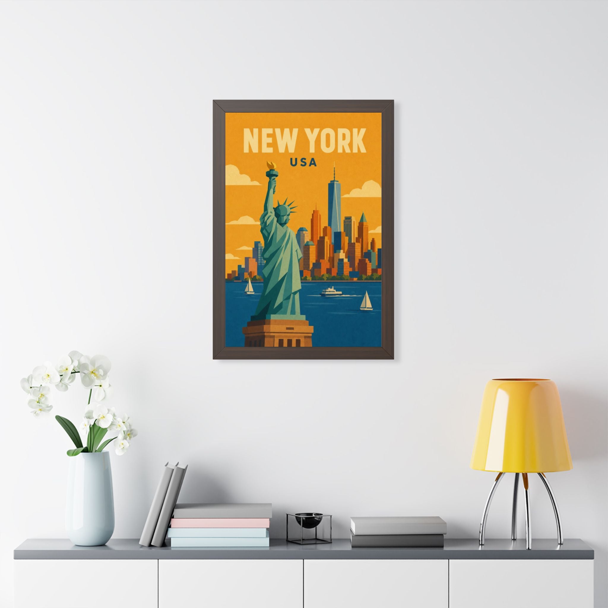 New York Statue of Liberty United States Framed Poster | Vintage Travel Wall Art | Black Walnut White Frame | 16x24 20x30
