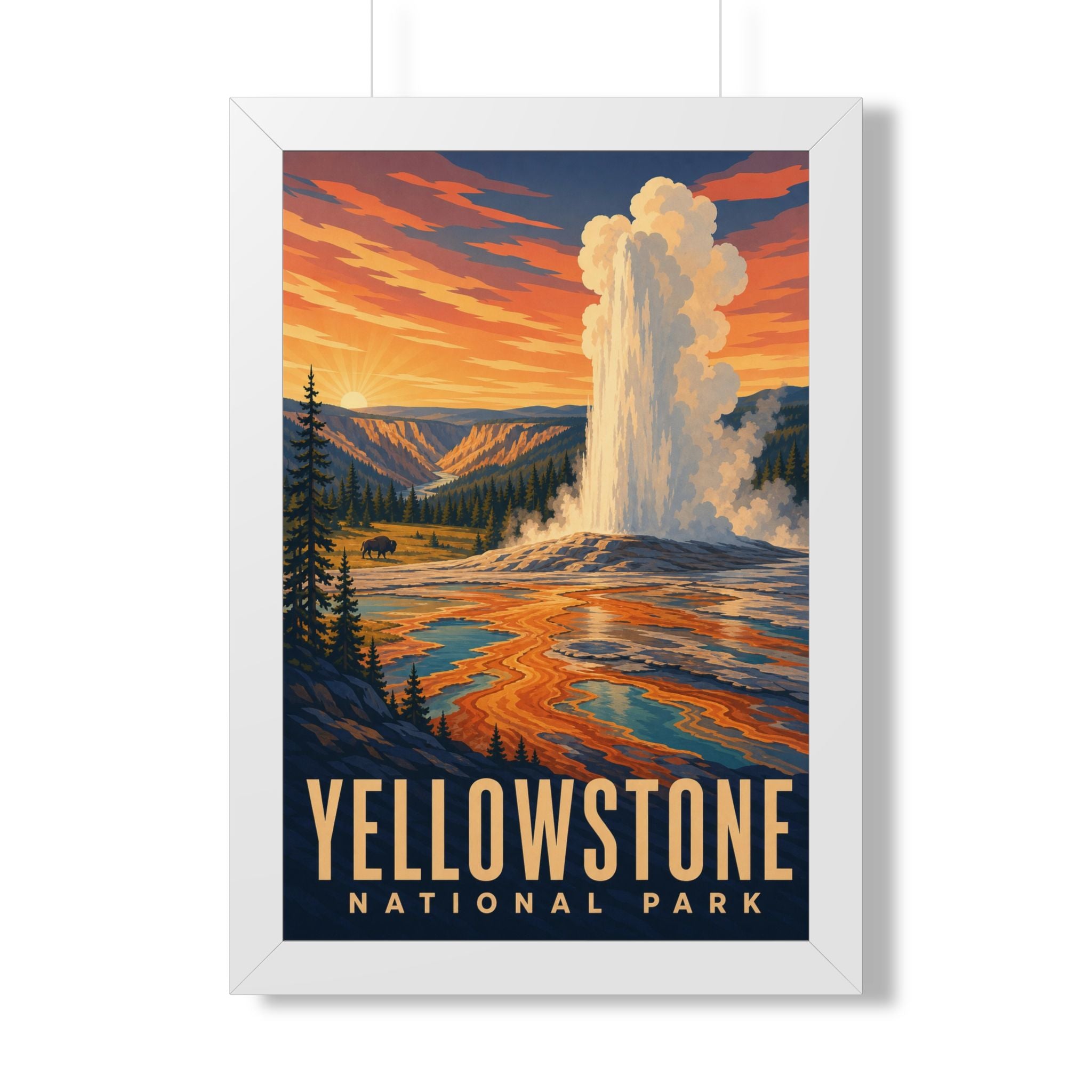 Yellowstone National Park Framed Poster | Vintage Travel Wall Art | Black Walnut White Frame | 16x24 20x30