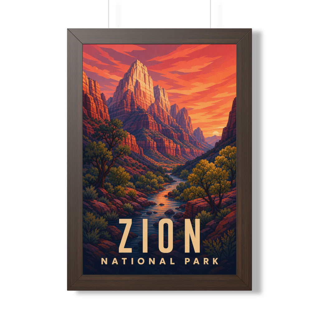 Zion National Park Framed Poster | Vintage Travel Wall Art | Black Walnut White Frame | 16x24 20x30