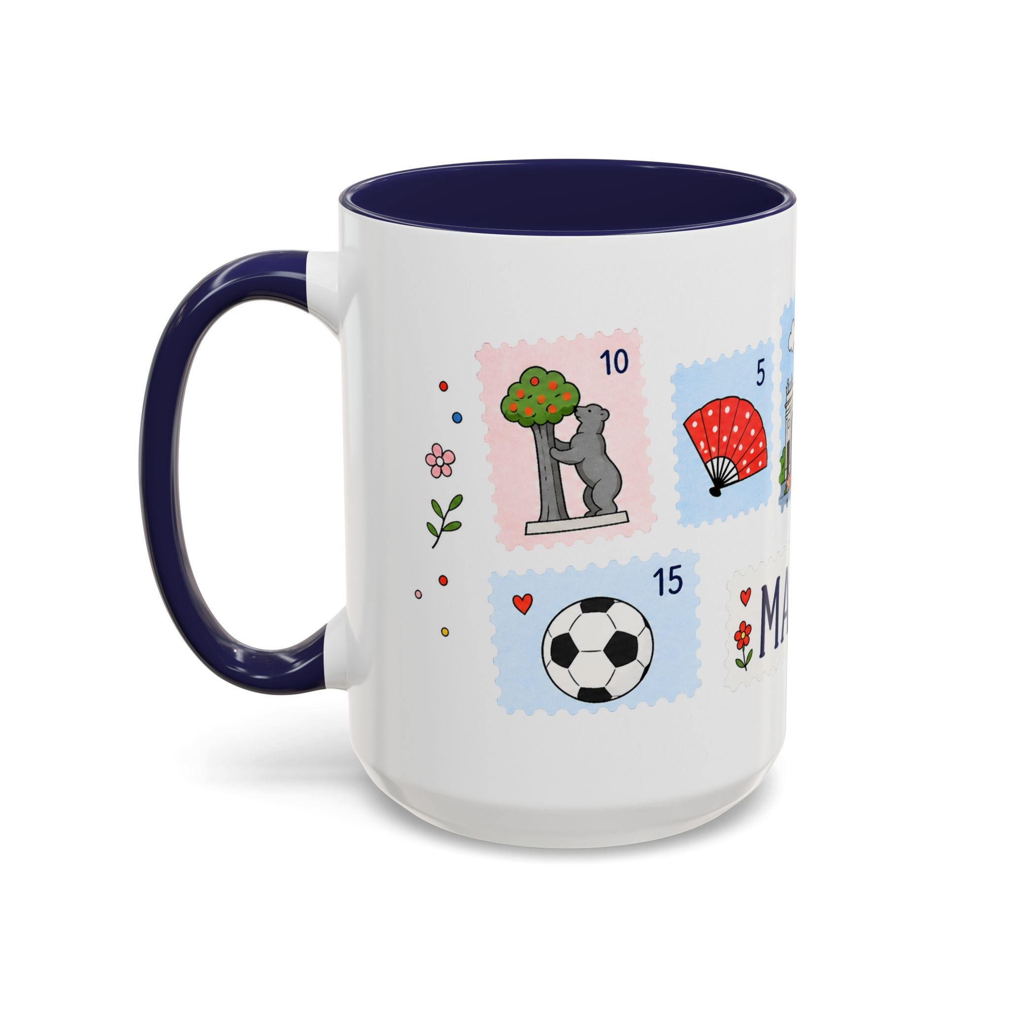 Madrid Coffee Mug | Postage Stamp Collage Mug | Travel Souvenir Accent Cup 11oz 15oz