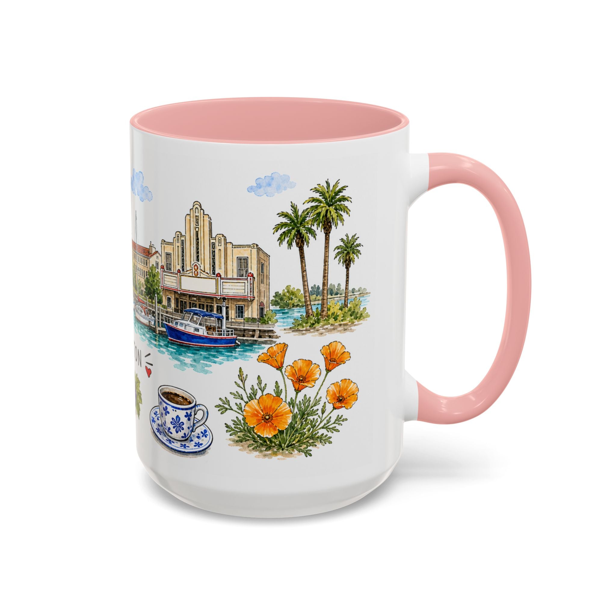 Stockton Illustrated Travel Mug | City Souvenir Accent Coffee Mug | 11oz 15oz Ceramic Cup