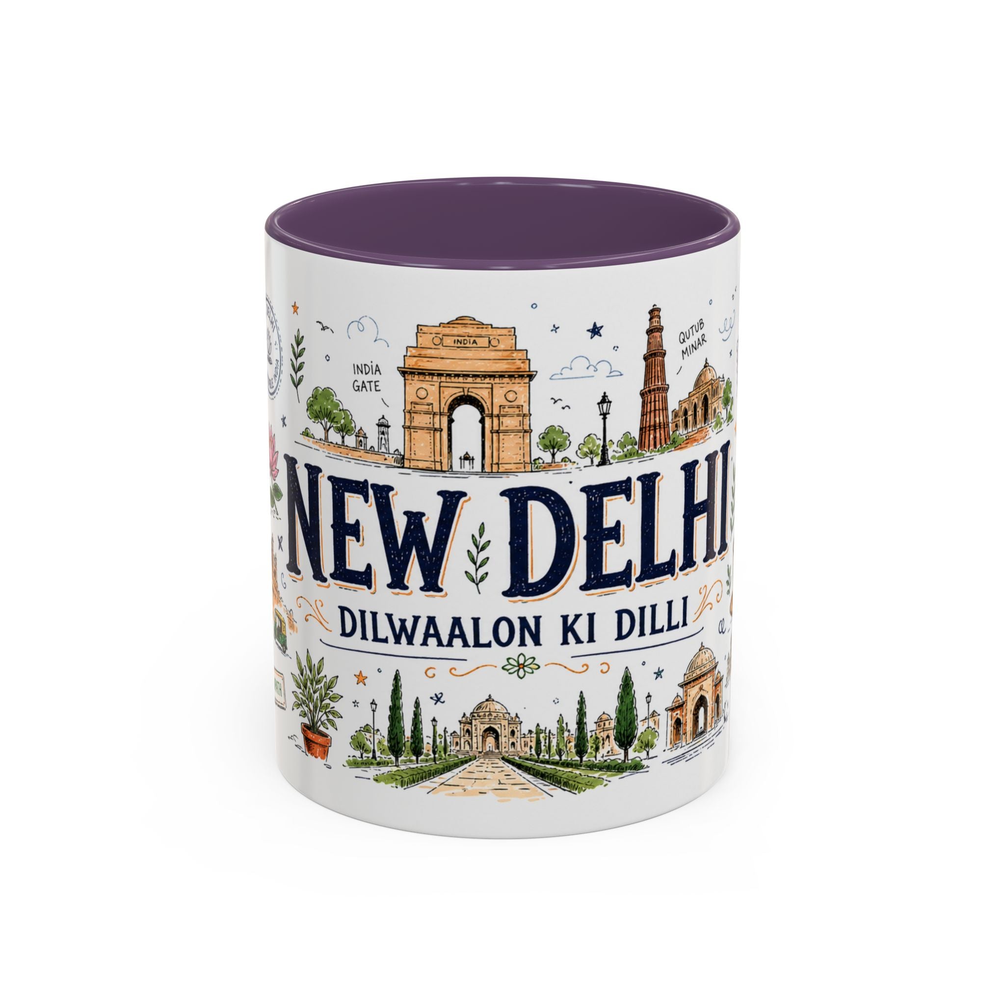 New Delhi Coffee Mug | India Souvenir Travel Gift | Accent Color Ceramic 11oz 15oz