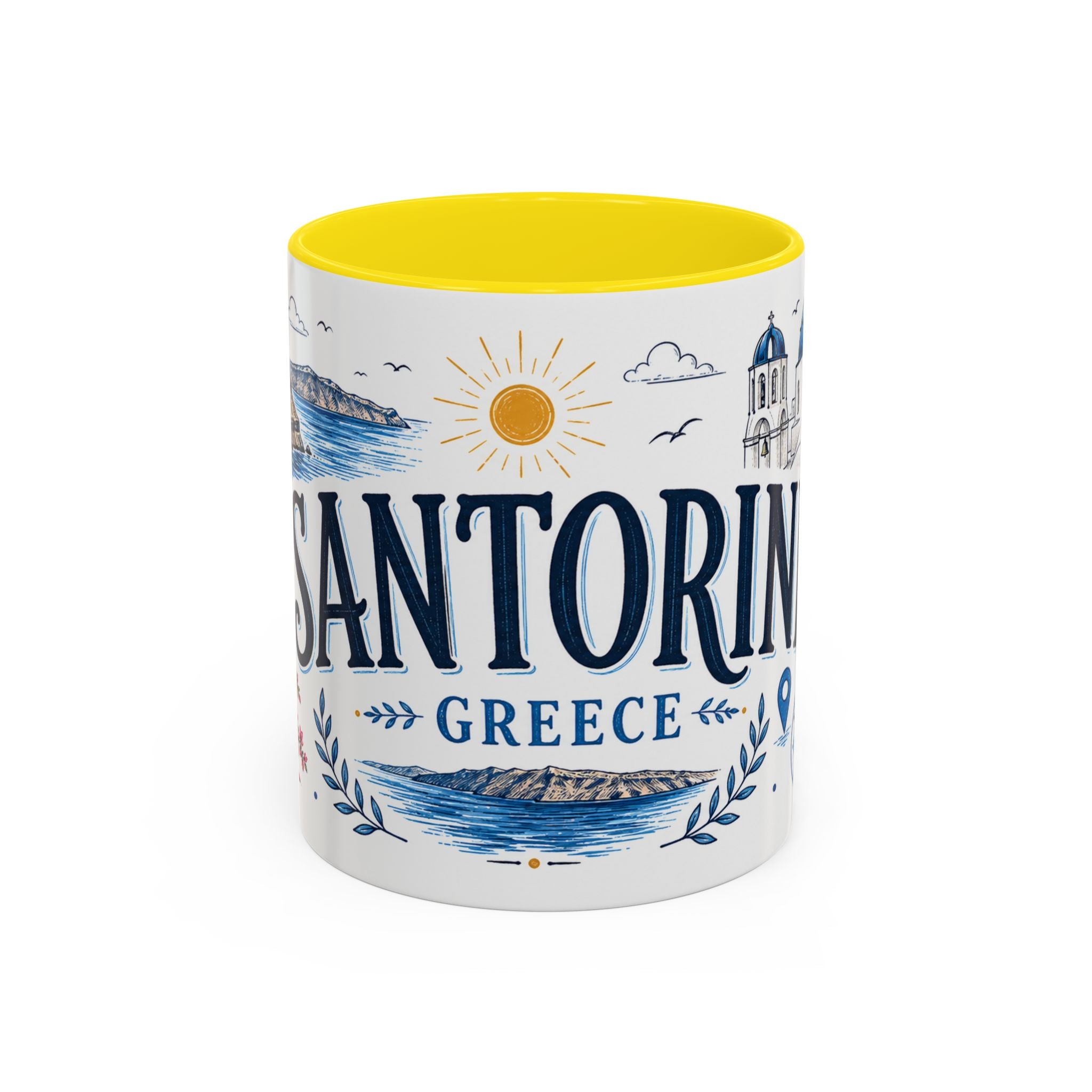 Santorini Coffee Mug | Travel Destination Souvenir Gift | Accent Color Ceramic 11oz 15oz