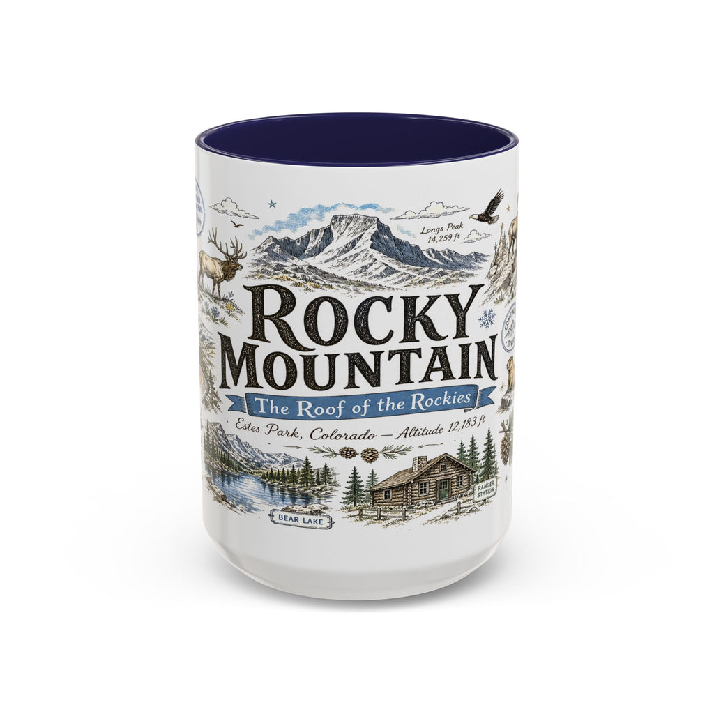 Rocky Mountain Coffee Mug | National Park Hiking Camping Gift | Accent Color Ceramic 11oz 15oz