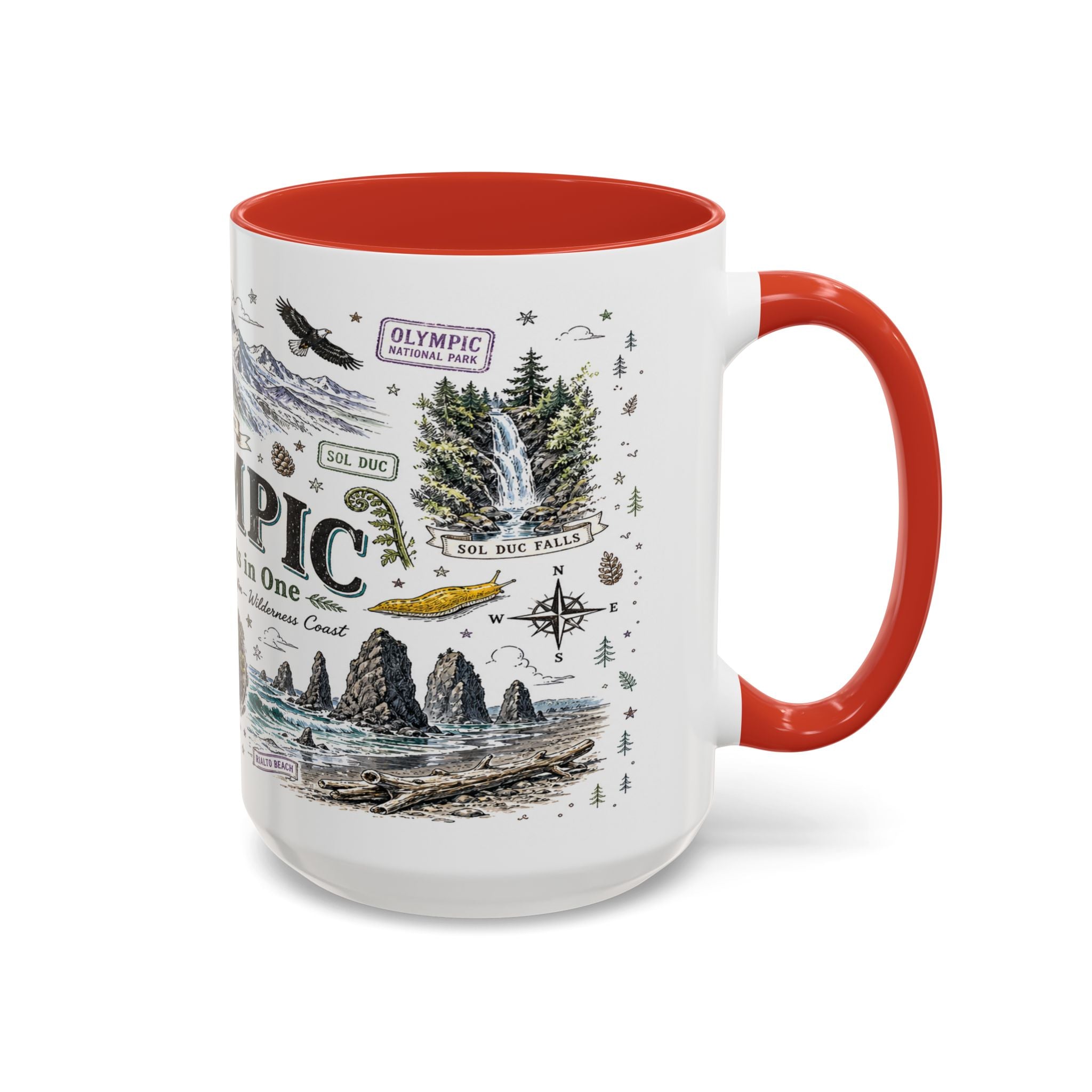 Olympic Coffee Mug | National Park Hiking Rainforest Gift | Accent Color Ceramic 11oz 15oz