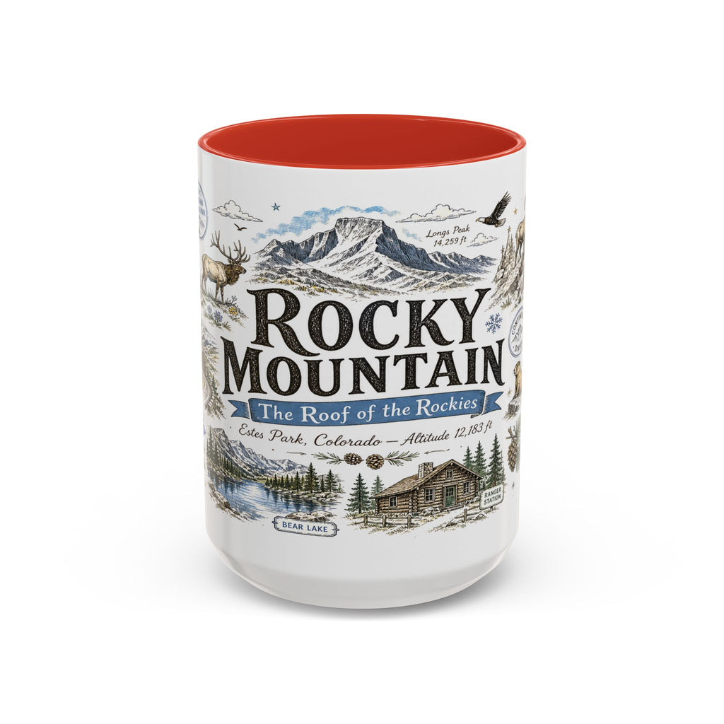 Rocky Mountain Coffee Mug | National Park Hiking Camping Gift | Accent Color Ceramic 11oz 15oz