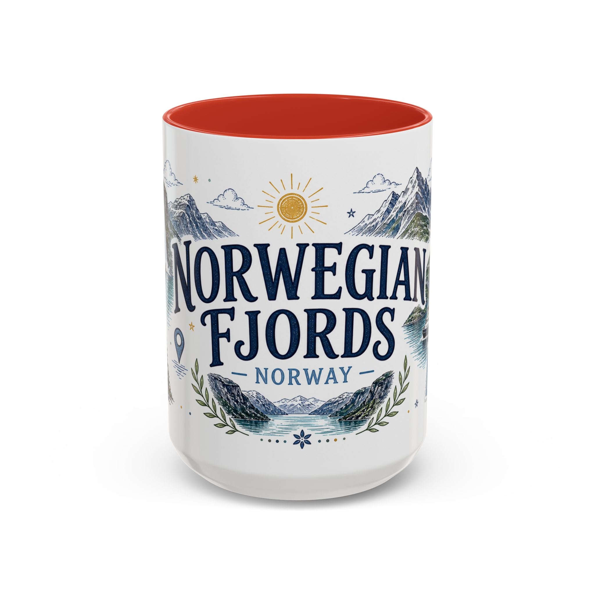 Norwegian Fjords Coffee Mug | Travel Destination Souvenir Gift | Accent Color Ceramic 11oz 15oz