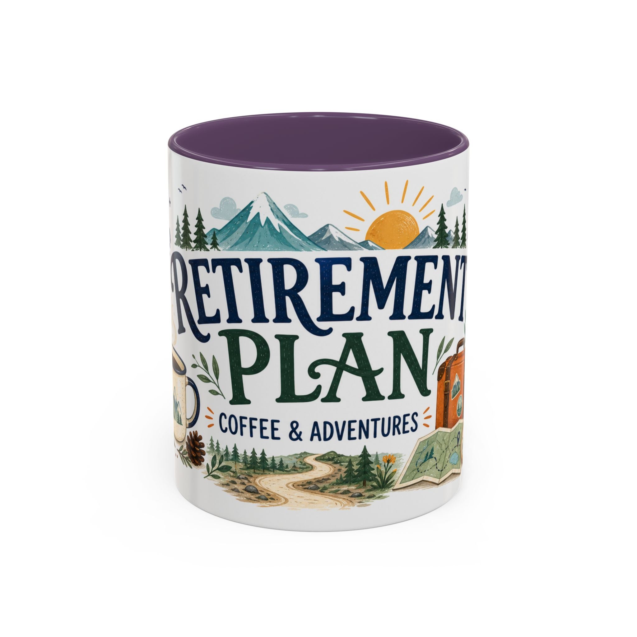 Retirement Plan Coffee And Adventures Mug | Travel Retirement Gift | Accent Color Ceramic 11oz 15oz