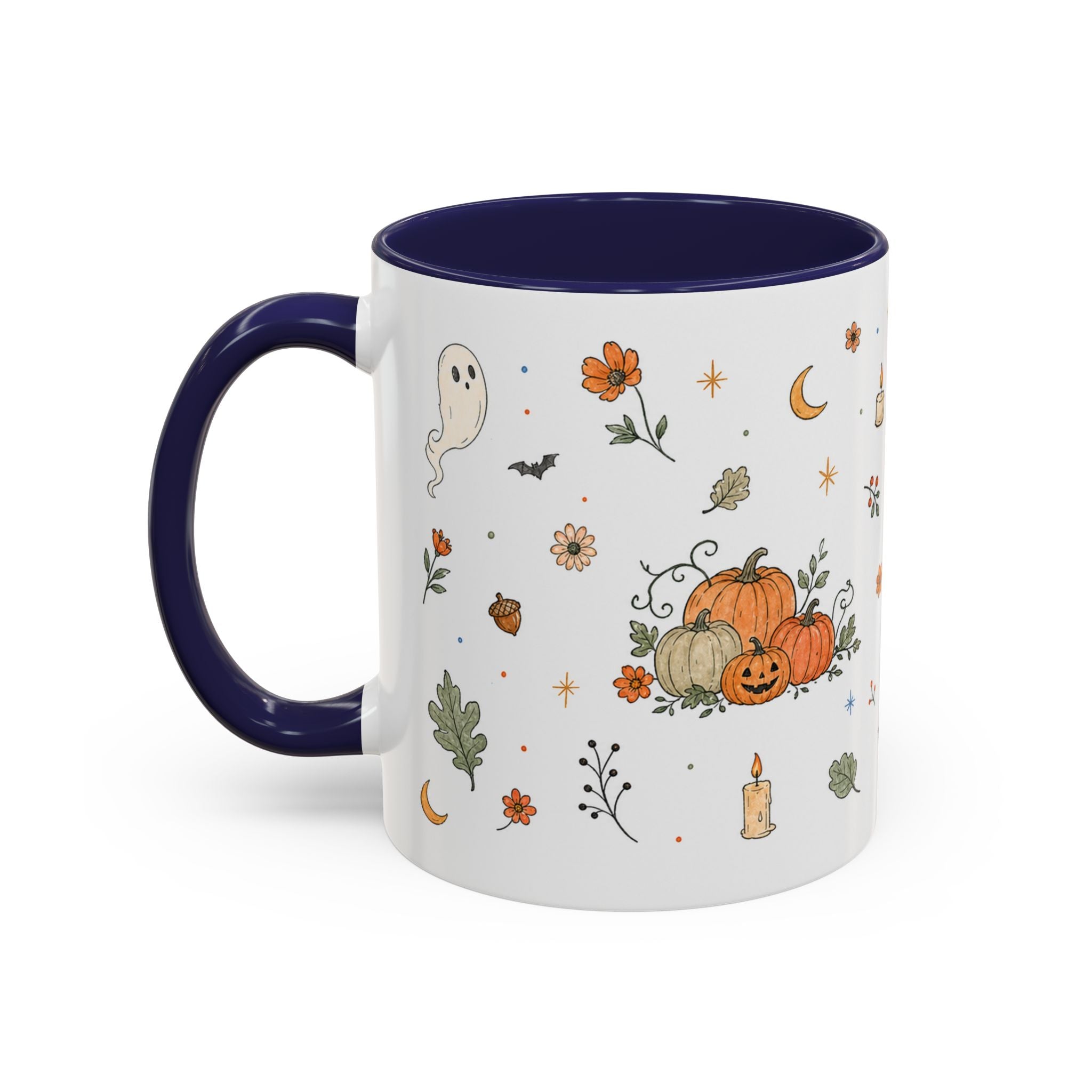 Floral Pumpkin Halloween Mug | Friendly Ghost Watercolor Gift | Accent Cup 11oz 15oz