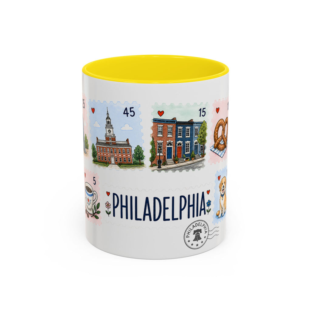Philadelphia Coffee Mug | Postage Stamp Collage Mug | Travel Souvenir Accent Cup 11oz 15oz