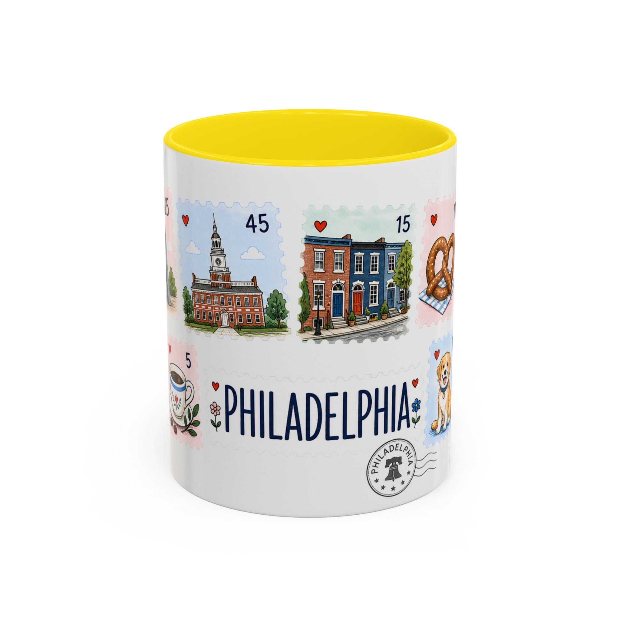Philadelphia Coffee Mug | Postage Stamp Collage Mug | Travel Souvenir Accent Cup 11oz 15oz