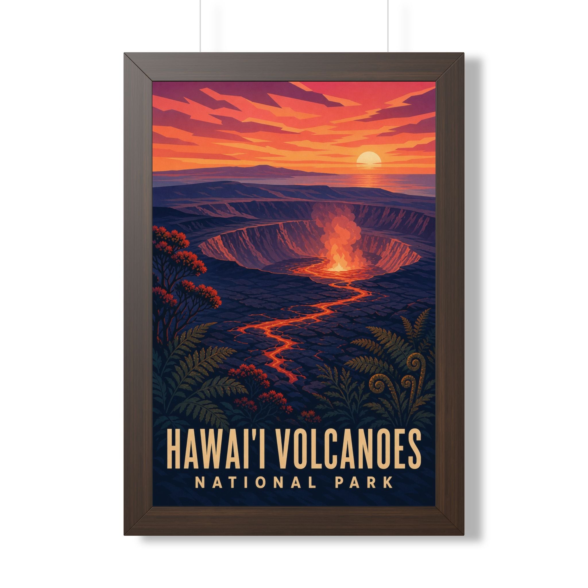 Hawaii Volcanoes National Park Framed Poster | Vintage Travel Wall Art | Black Walnut White Frame | 16x24 20x30