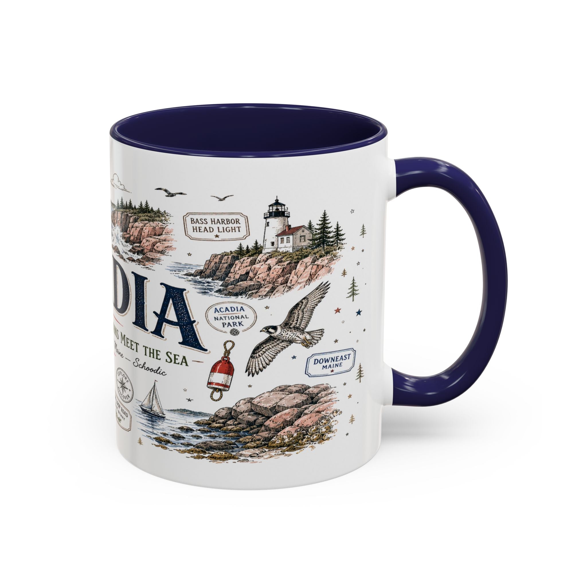 Acadia Coffee Mug | National Park Hiking Coastal Gift | Accent Color Ceramic 11oz 15oz