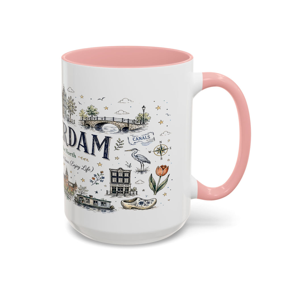 Amsterdam Coffee Mug | Netherlands Souvenir Travel Gift | Accent Color Ceramic 11oz 15oz