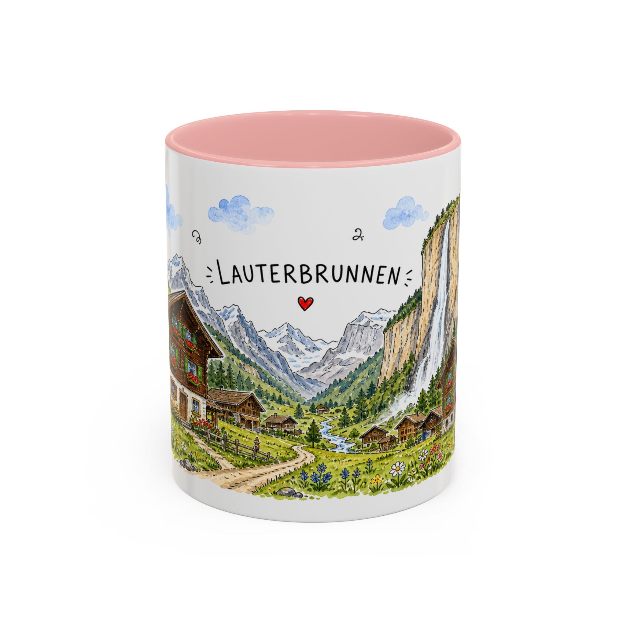 Lauterbrunnen Illustrated Travel Mug | Switzerland Souvenir Accent Coffee Mug | 11oz 15oz Ceramic Cup