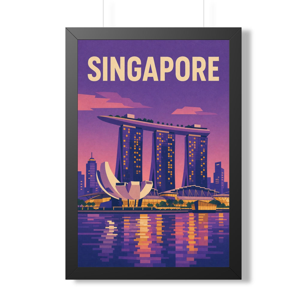 Singapore Marina Bay Singapore Framed Poster | Vintage Travel Wall Art | Black Walnut White Frame | 16x24 20x30