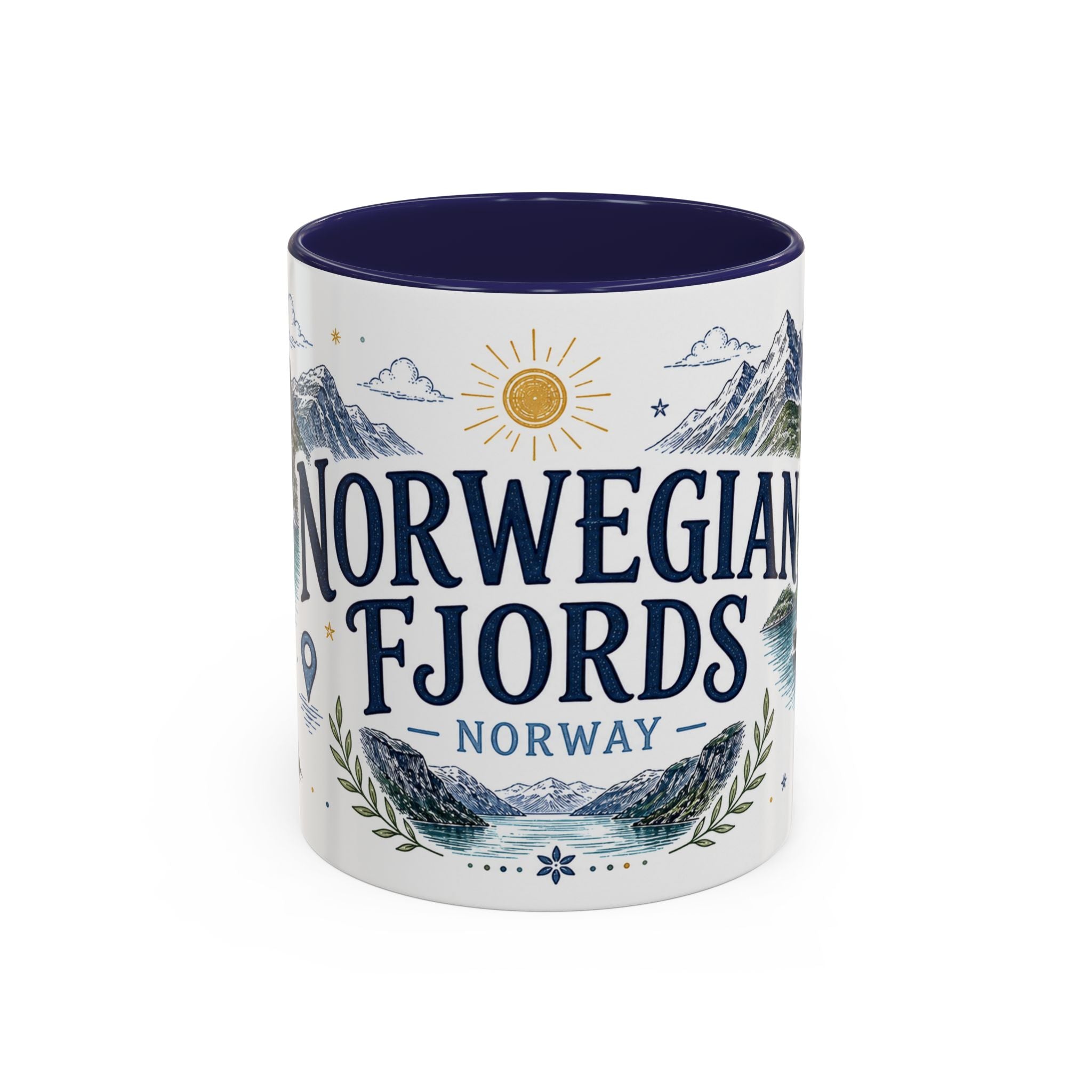 Norwegian Fjords Coffee Mug | Travel Destination Souvenir Gift | Accent Color Ceramic 11oz 15oz