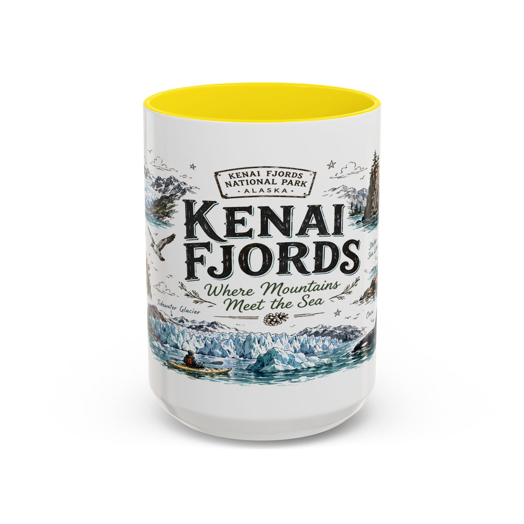 Kenai Fjords National Park Coffee Mug | Alaska Coastal Wildlife Hiking Gift | Accent Color Ceramic 11oz 15oz