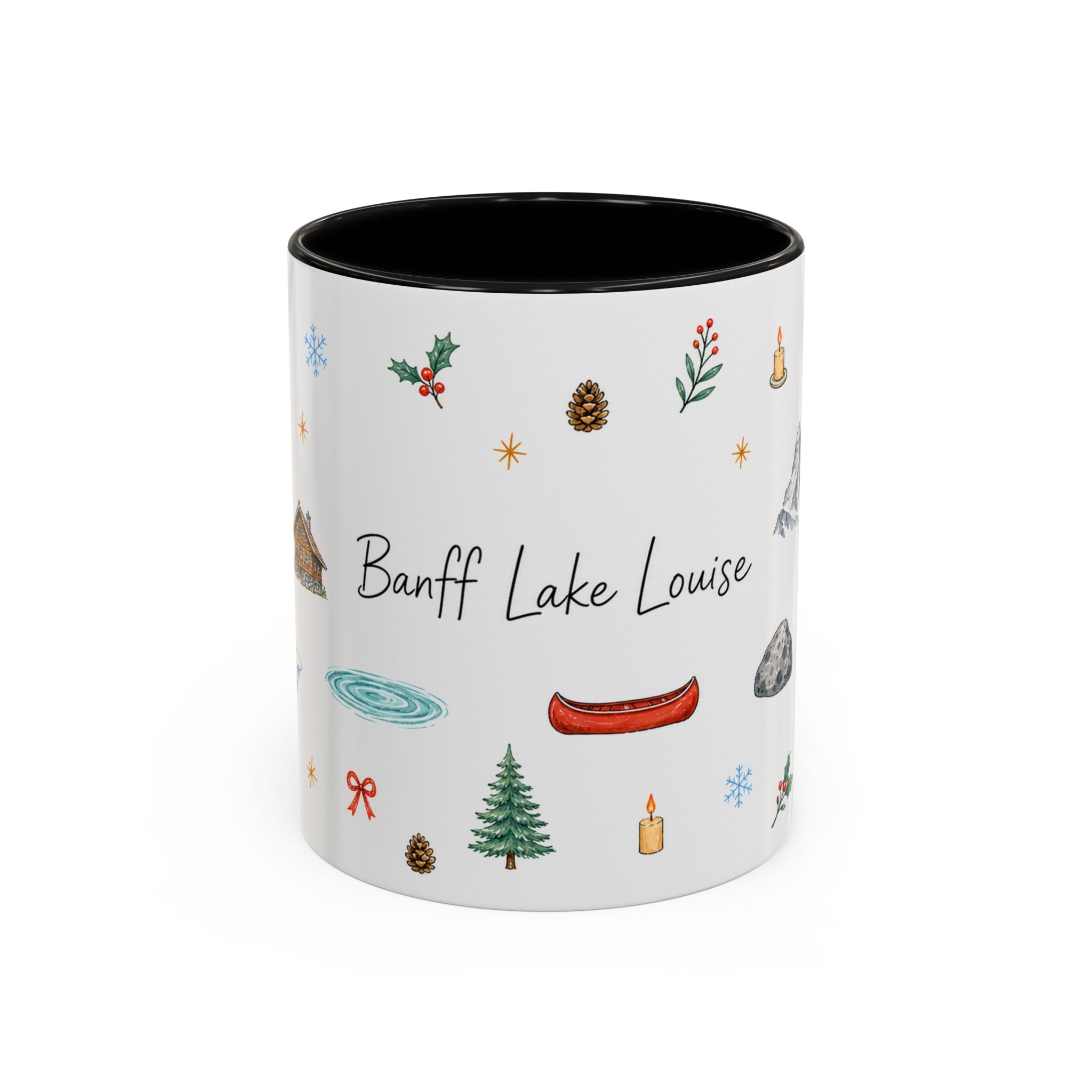 Banff Lake Louise Christmas Mug | Watercolor Travel Souvenir | Holiday Gift | Accent Ceramic Coffee Cup 11oz 15oz