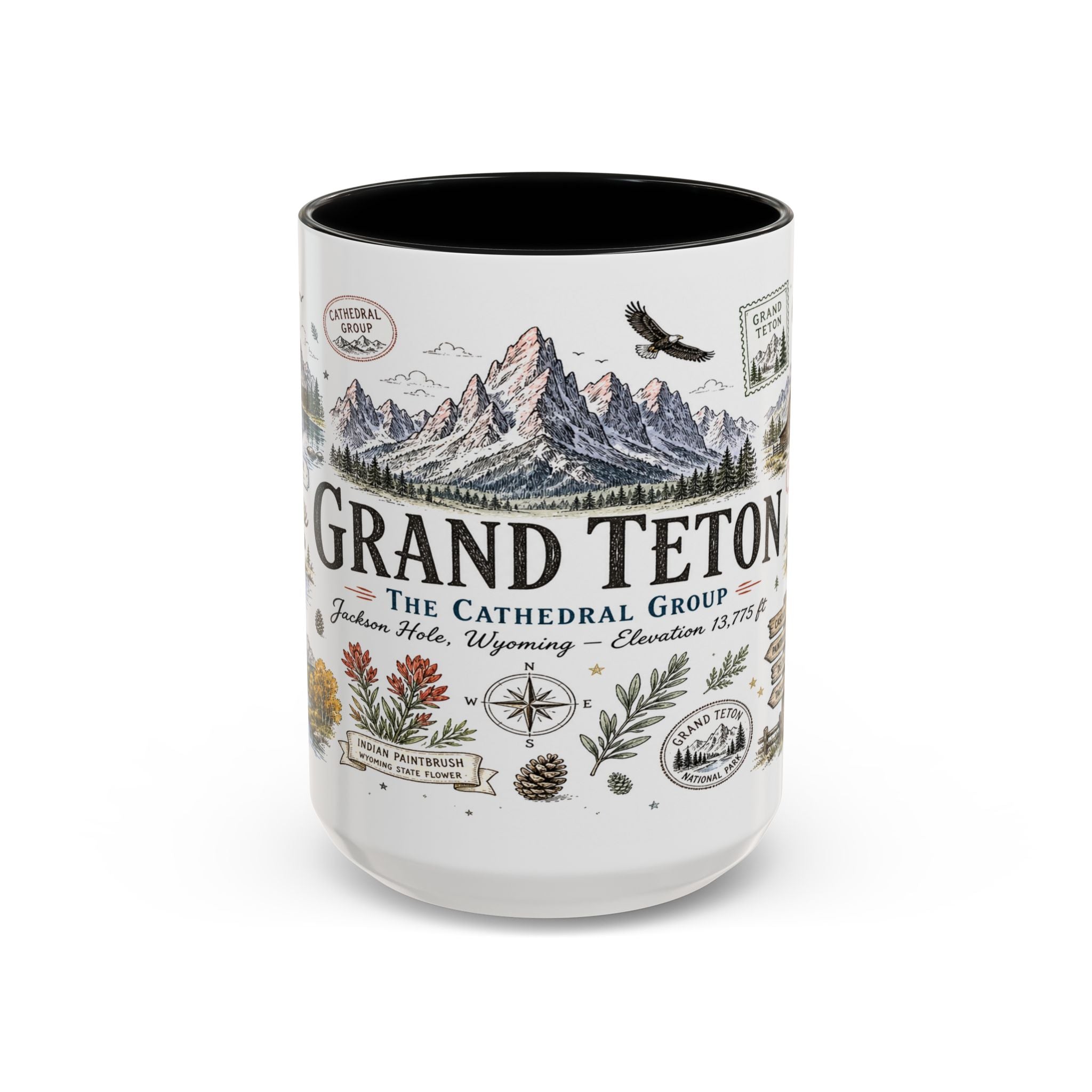 Grand Teton Coffee Mug | National Park Hiking Wyoming Gift | Accent Color Ceramic 11oz 15oz
