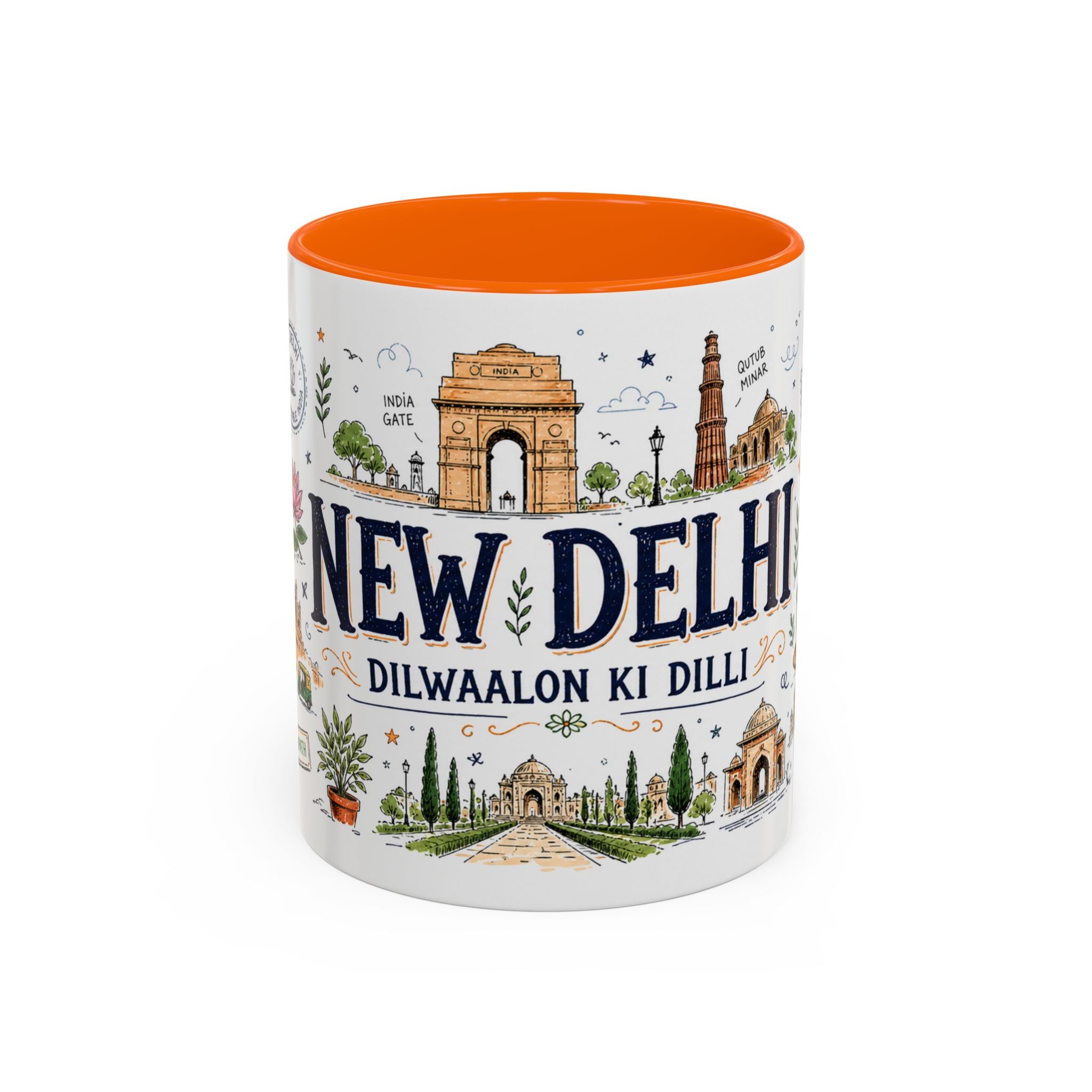 New Delhi Coffee Mug | India Souvenir Travel Gift | Accent Color Ceramic 11oz 15oz
