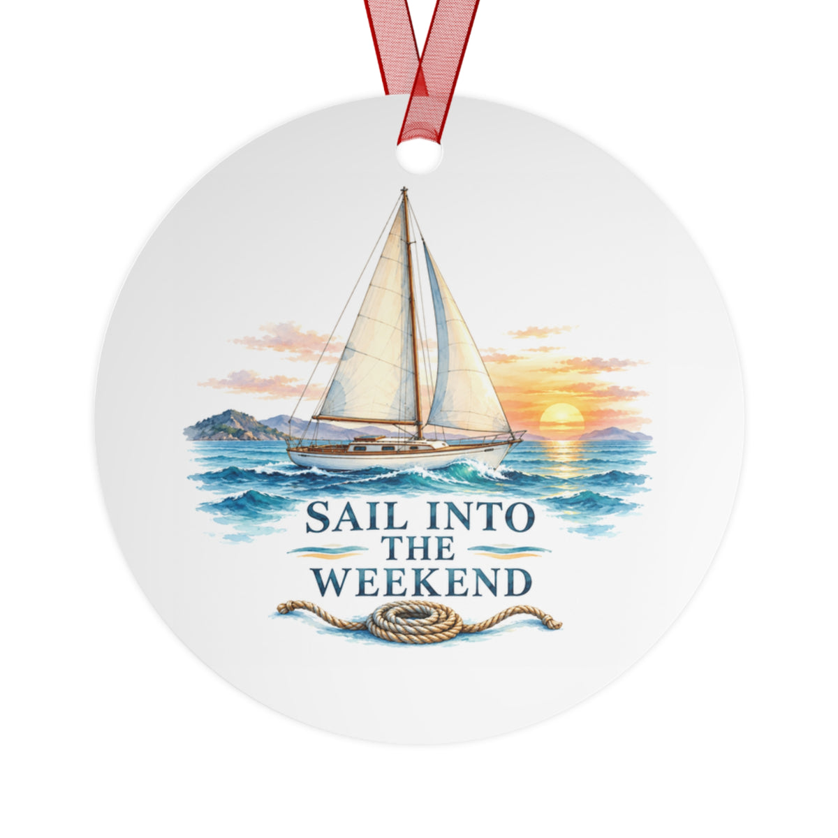 Back view of a round aluminum ornament with sailing artwork.