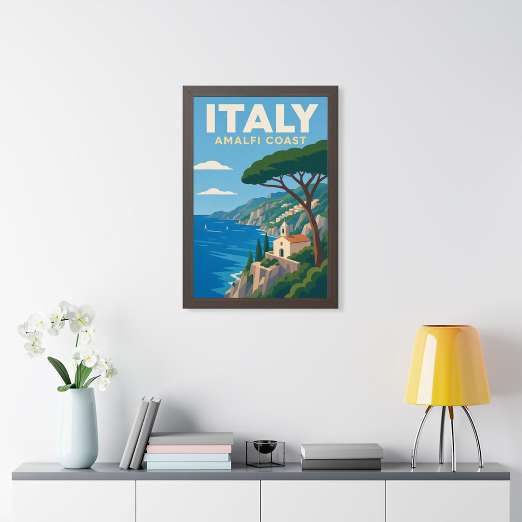 Amalfi Coast Italy Framed Poster | Vintage Travel Wall Art | Black Walnut White Frame | 16x24 20x30