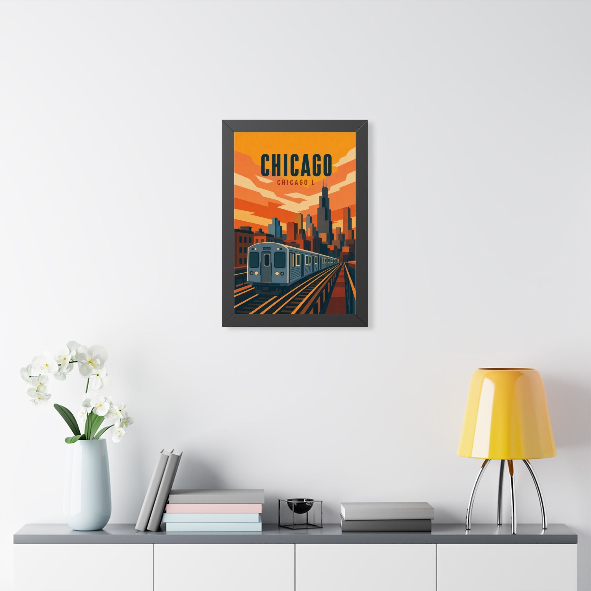 Chicago L Train United States Framed Poster | Vintage Travel Wall Art | Black Walnut White Frame | 16x24 20x30