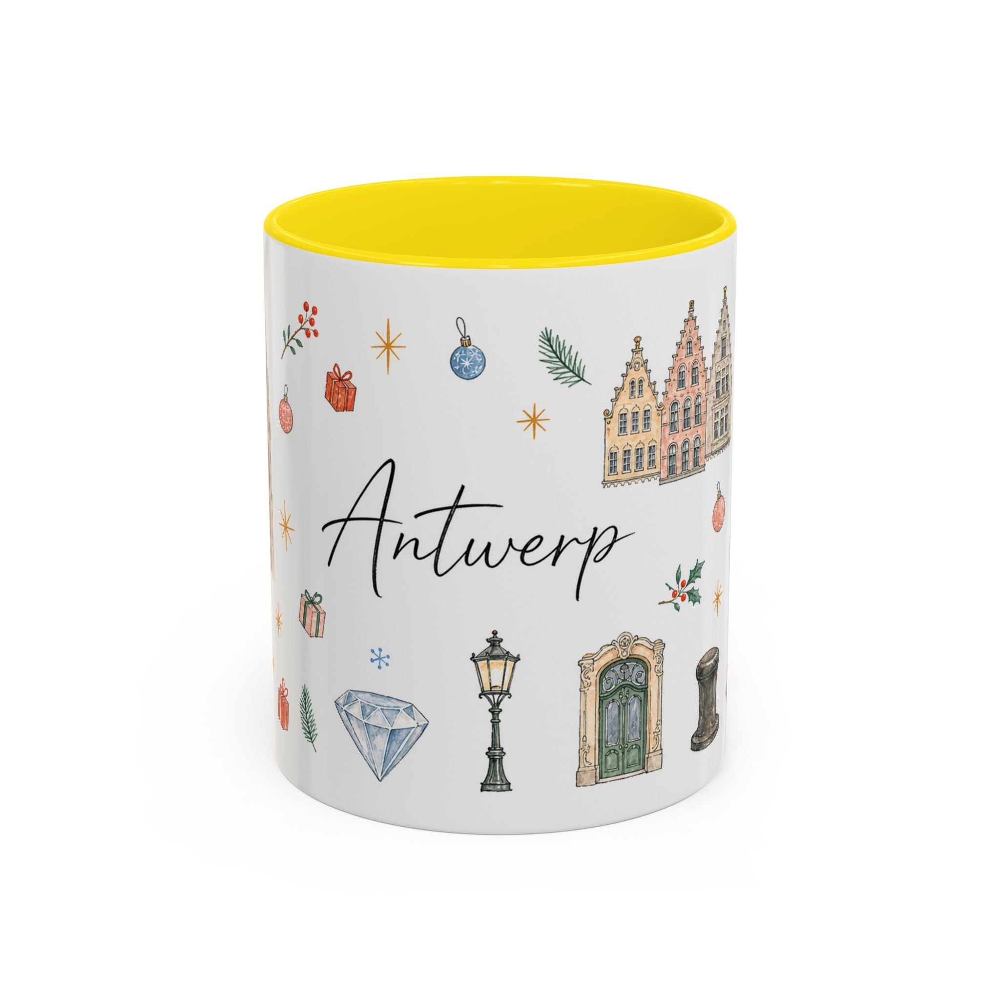 Antwerp Christmas Mug | Watercolor Travel Souvenir | Holiday Gift | Accent Ceramic Coffee Cup 11oz 15oz
