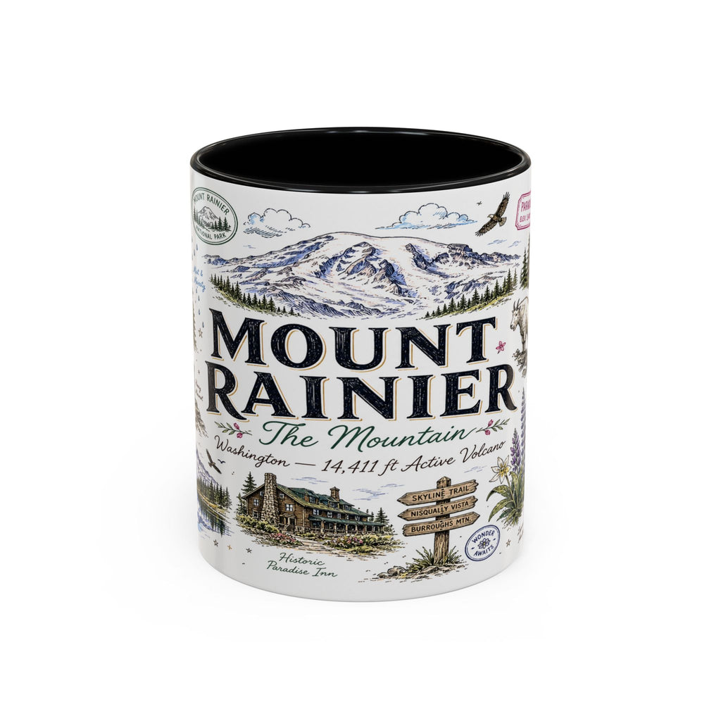 Mount Rainier Coffee Mug | National Park Hiking Washington Gift | Accent Color Ceramic 11oz 15oz