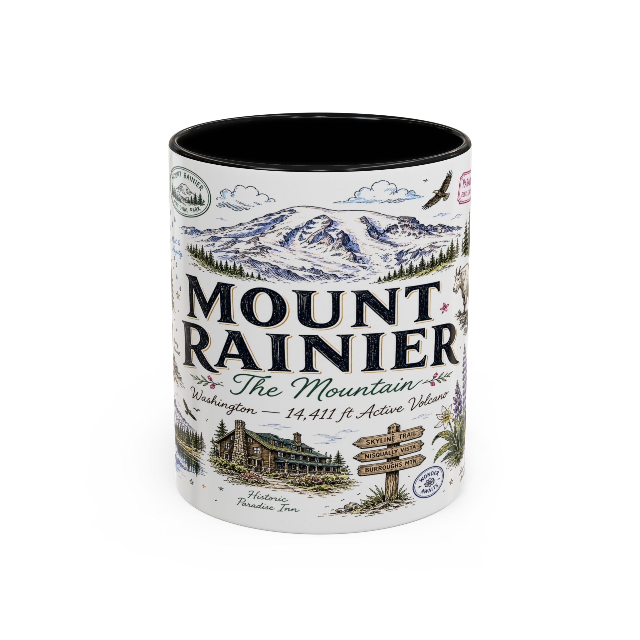 Mount Rainier Coffee Mug | National Park Hiking Washington Gift | Accent Color Ceramic 11oz 15oz