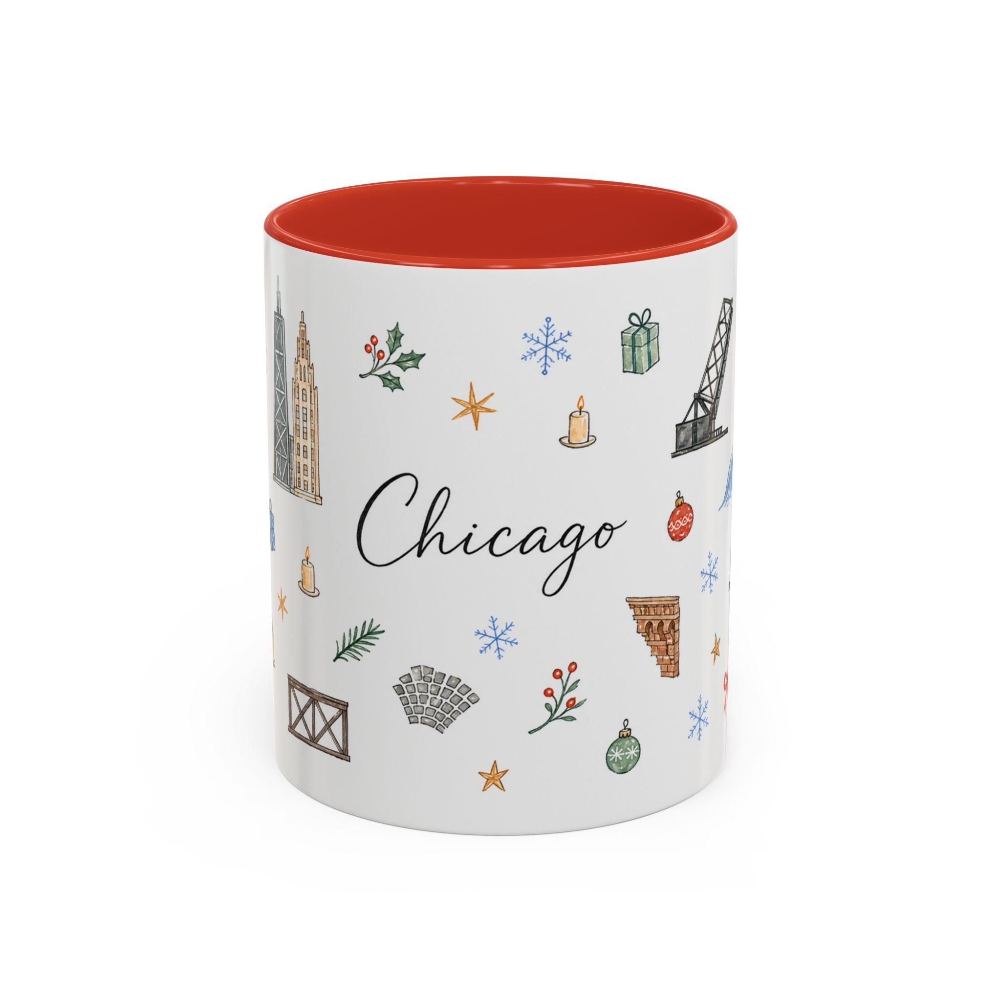 Chicago Christmas Mug | Watercolor Travel Souvenir | Holiday Gift | Accent Ceramic Coffee Cup 11oz 15oz