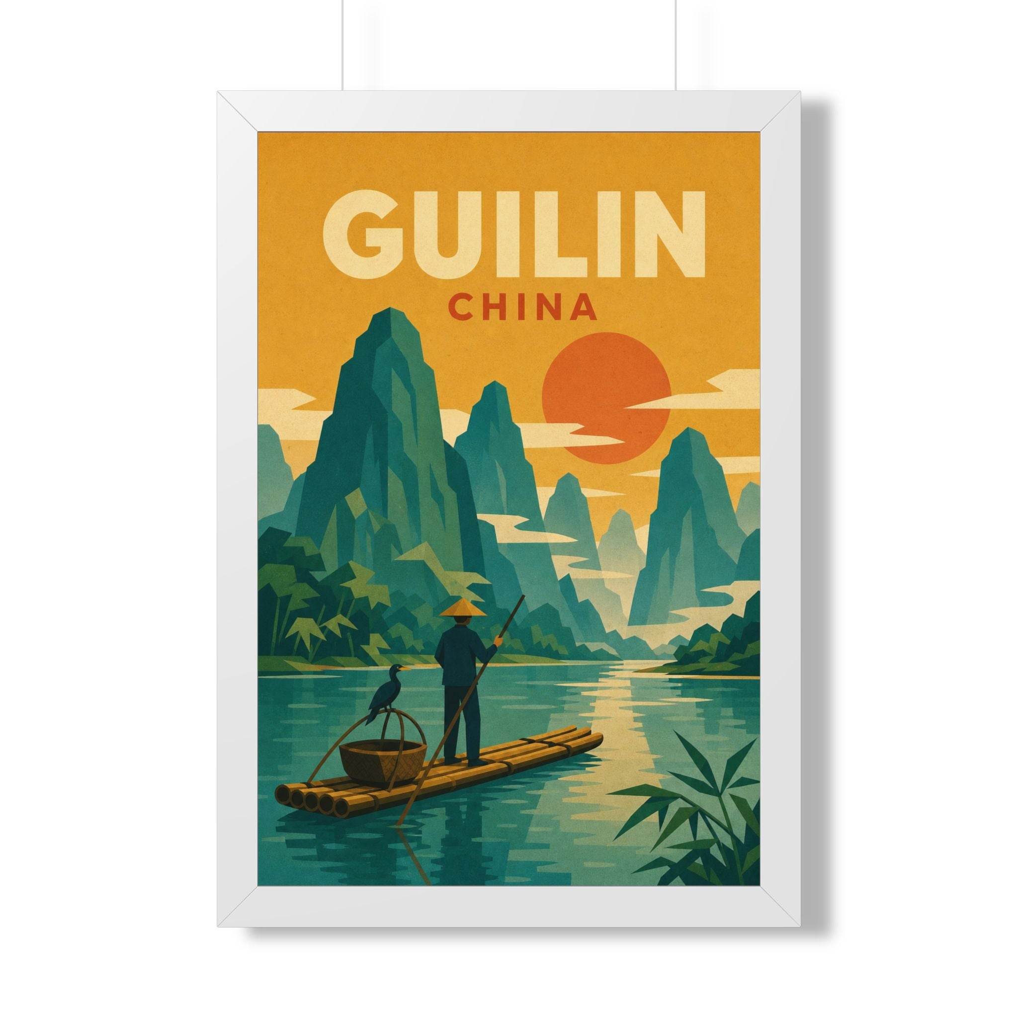 Guilin China Framed Poster | Vintage Travel Wall Art | Black Walnut White Frame | 16x24 20x30
