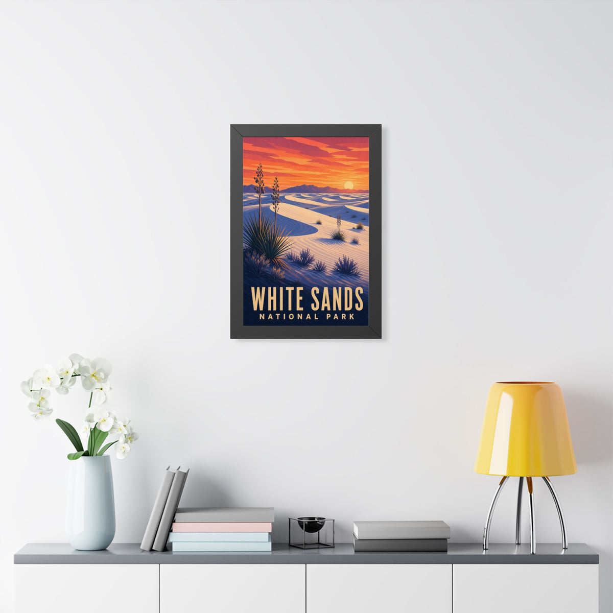 White Sands National Park Framed Poster | Vintage Travel Wall Art | Black Walnut White Frame | 16x24 20x30