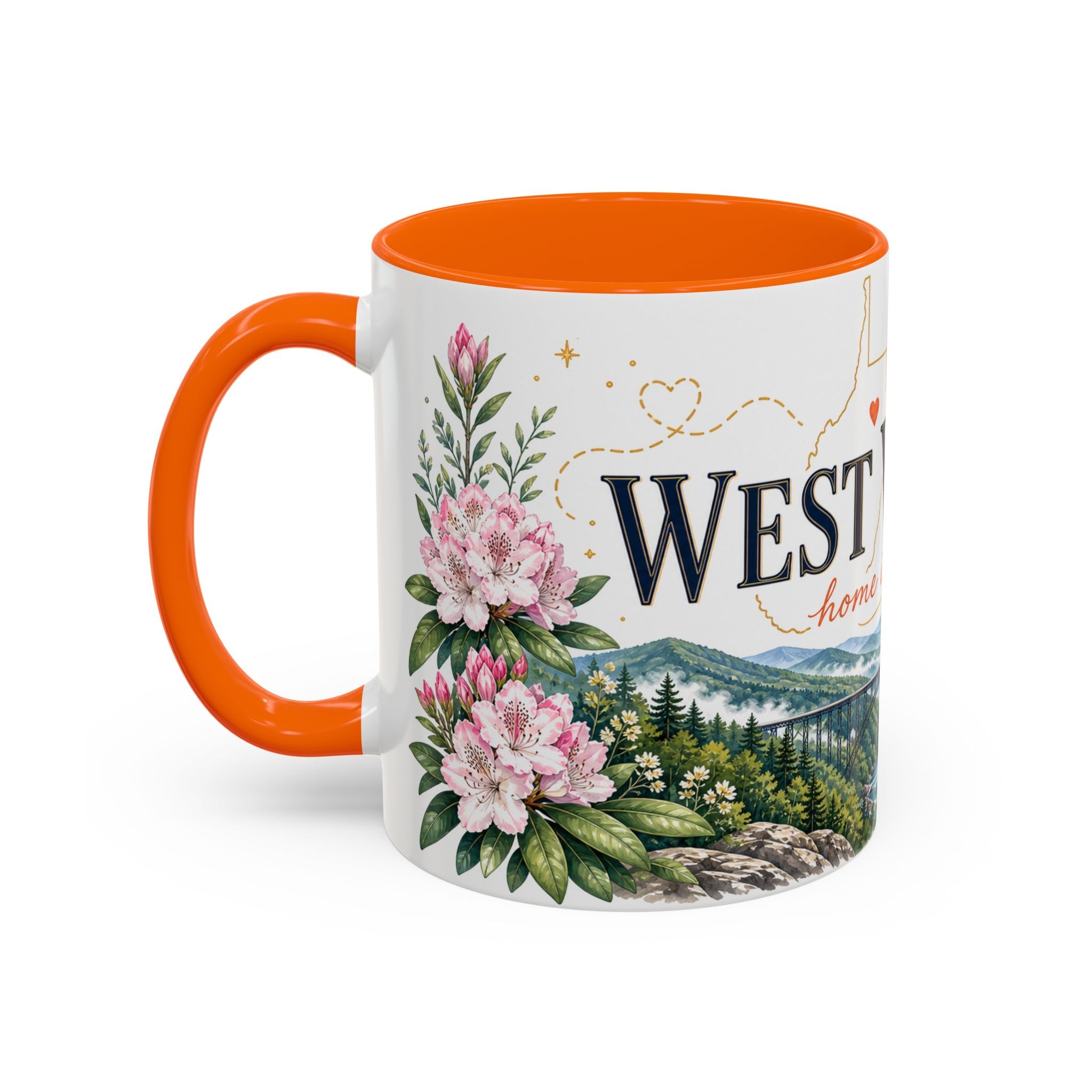 West Virginia State Map Mug | Appalachian Bridge, Rhododendron Accent Coffee Cup