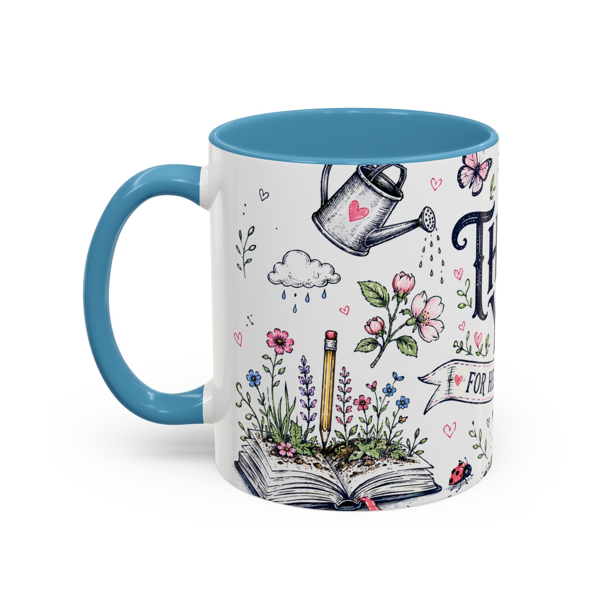 Thank You Teacher Coffee Mug | For Helping Me Grow Appreciation Gift | Accent Color Ceramic 11oz 15oz