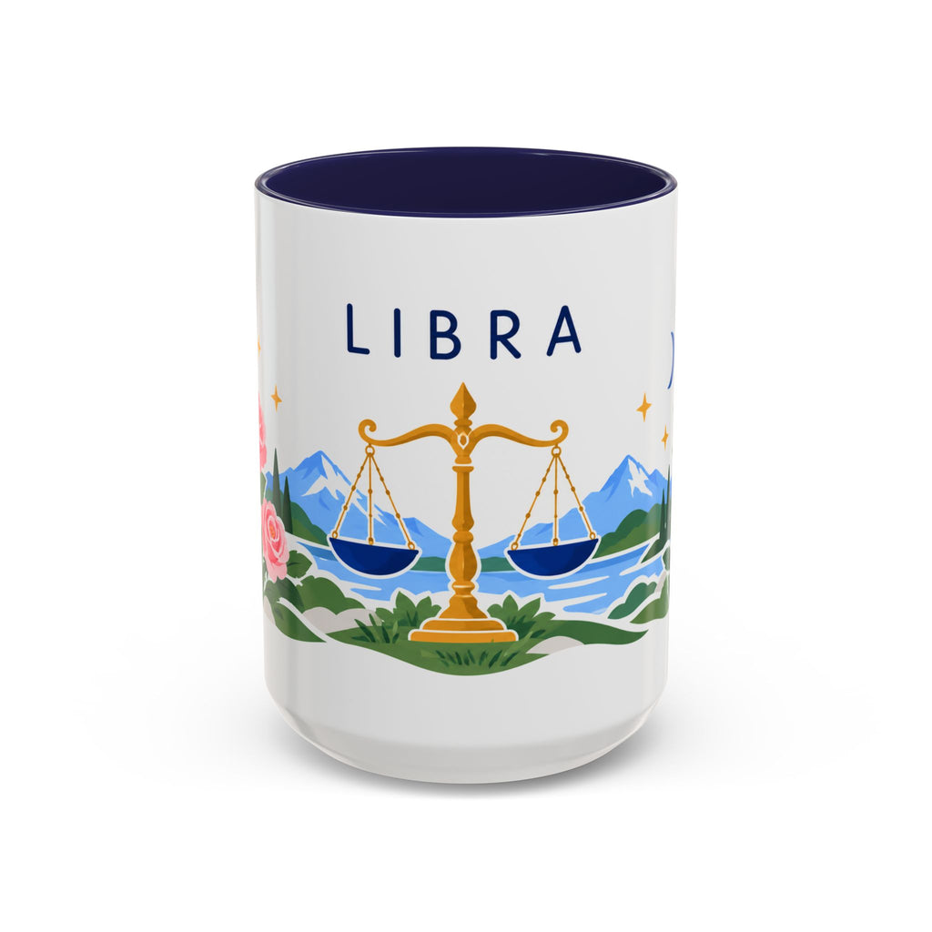 Libra Zodiac Coffee Mug | Scales and Rose Design | Astrology Birthday Gift | 11 oz 15 oz Ceramic Accent Mug
