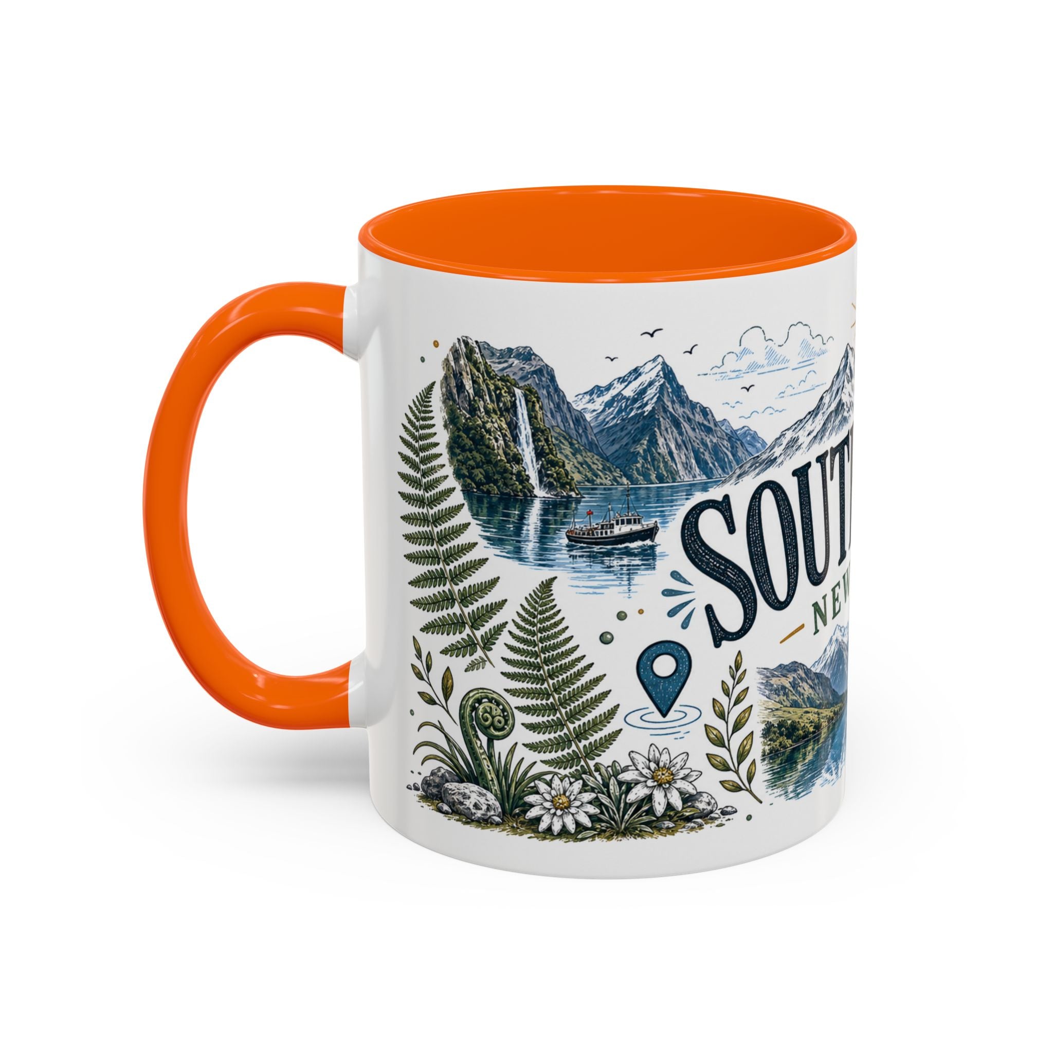 New Zealand South Island Coffee Mug | Travel Destination Souvenir Gift | Accent Color Ceramic 11oz 15oz
